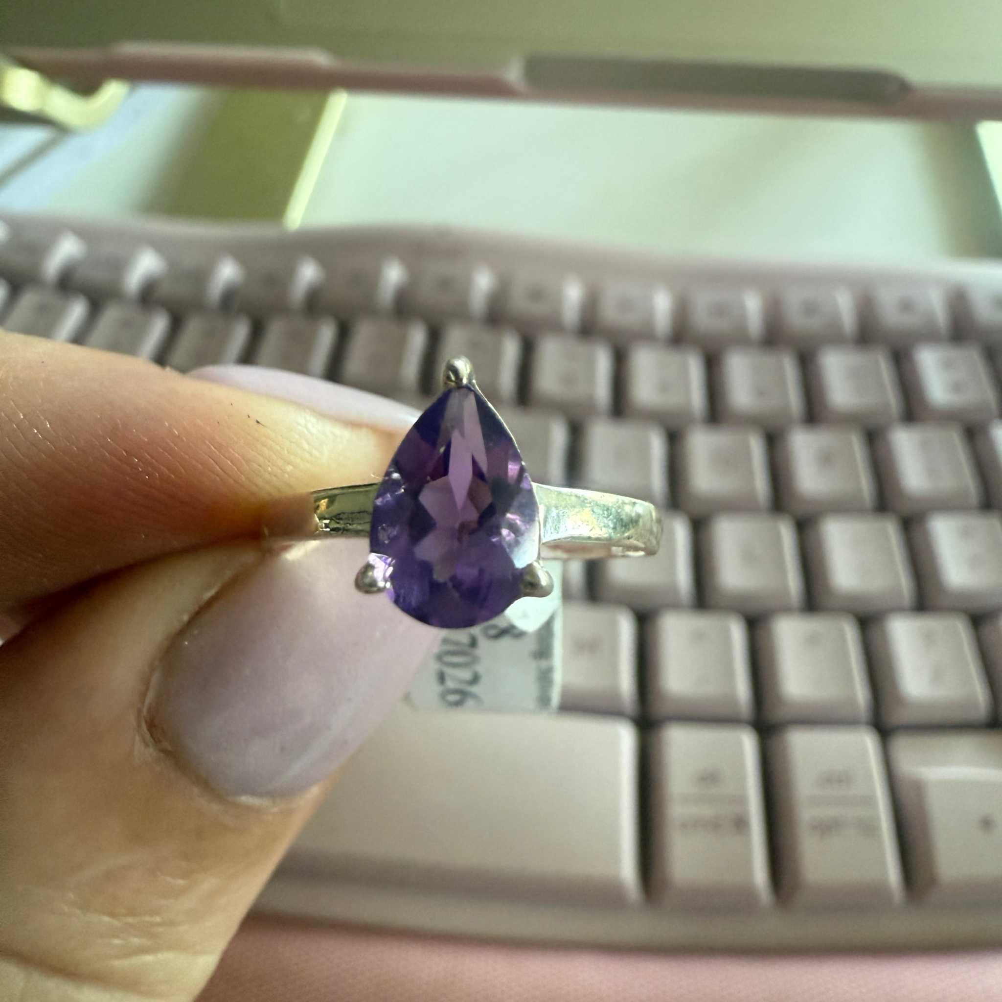 Sterling Silver Pear-Cut Amethyst Ring – Sizes 8 & 9 – Clarity & Intuition | Rings | Wiccan Center