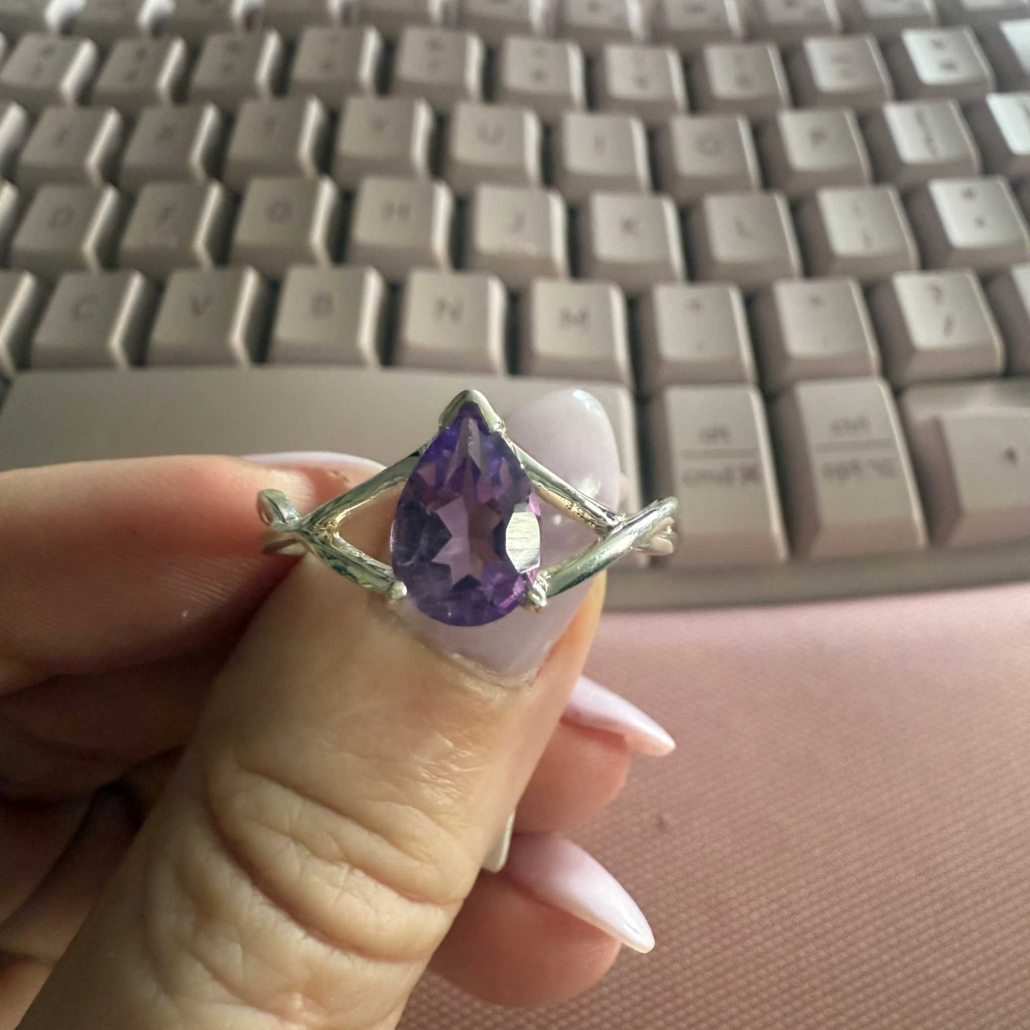 Pear-Cut Amethyst Sterling Silver Ring with Branch-Style Band – Size 14 | Rings | Wiccan Center