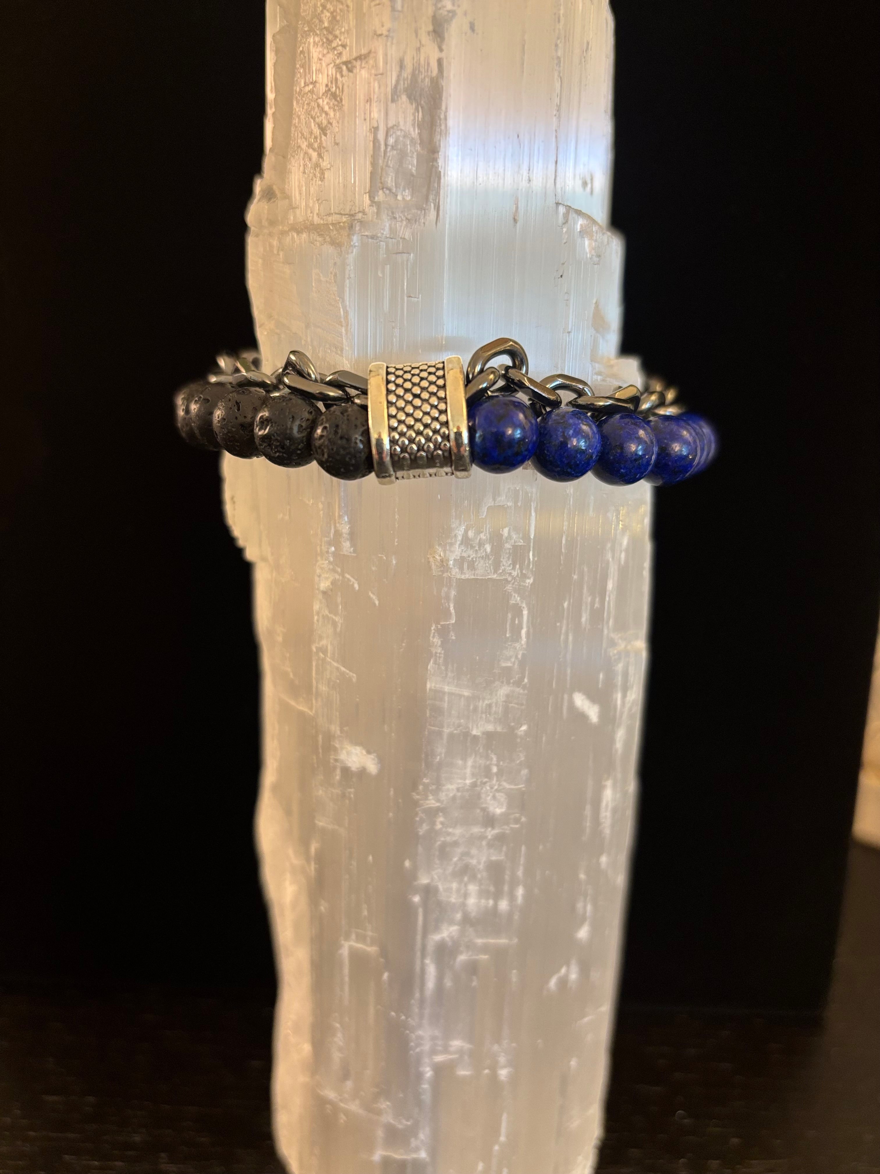 Lapis Lazuli or Tiger’s Eye Reiki-Infused Strength & Intention Bracelet with Silver-Tone Chain (Medium–Large Wrist) | | Wiccan Center