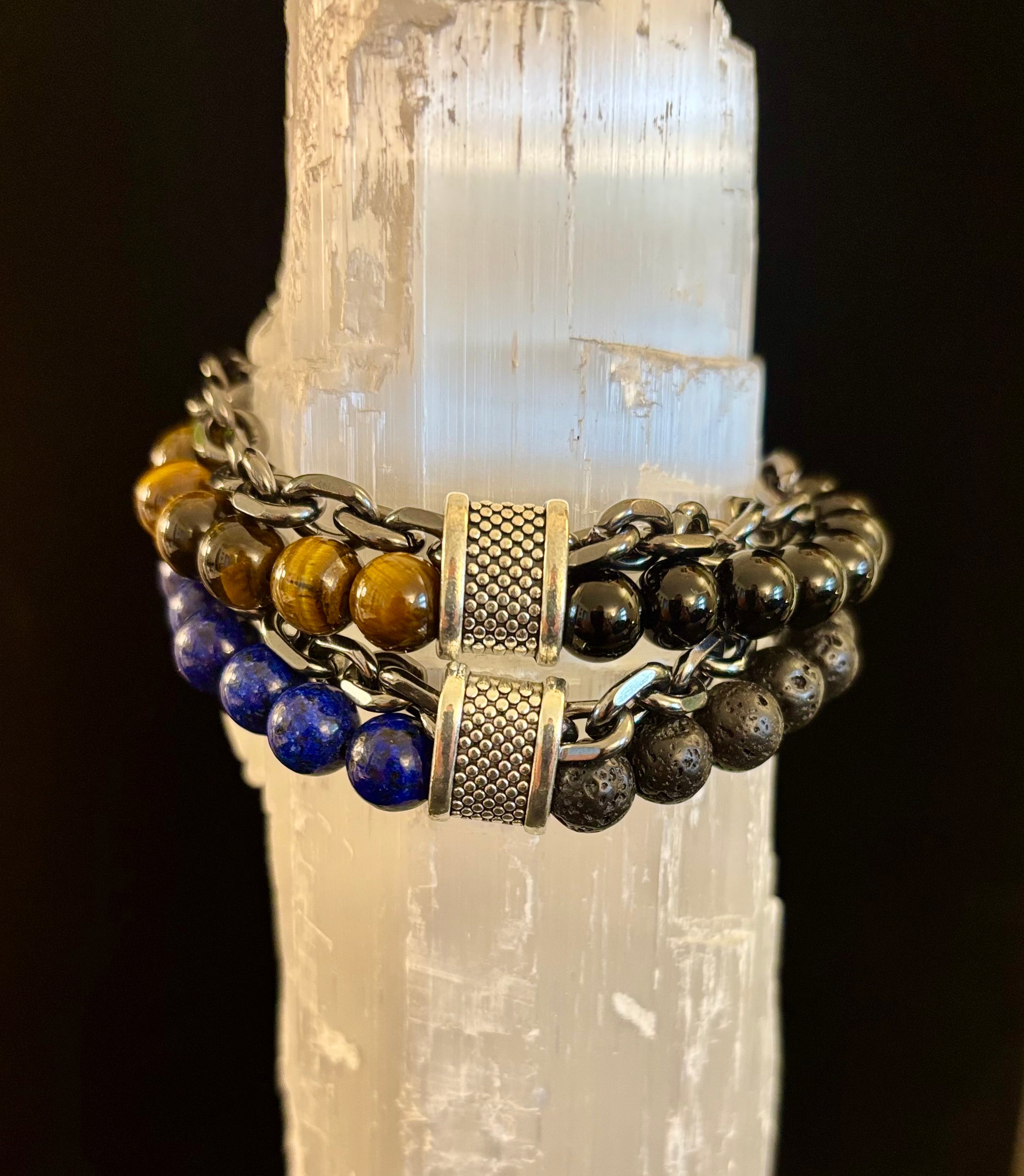 Lapis Lazuli or Tiger’s Eye Reiki-Infused Strength & Intention Bracelet with Silver-Tone Chain (Medium–Large Wrist) | | Wiccan Center
