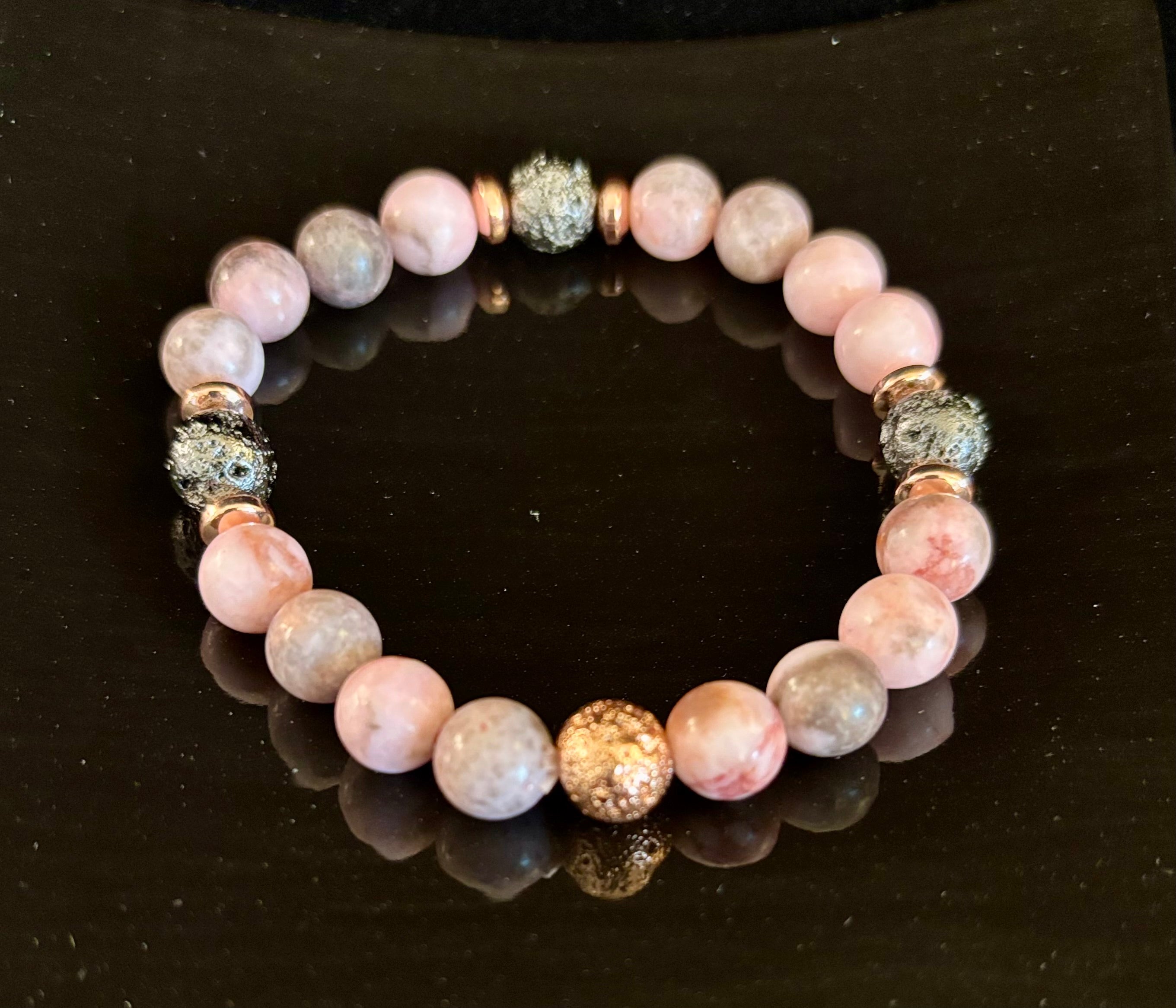 Pink Zebra Jasper & Rose Gold Toned Lava Stone Bracelet | | Wiccan Center