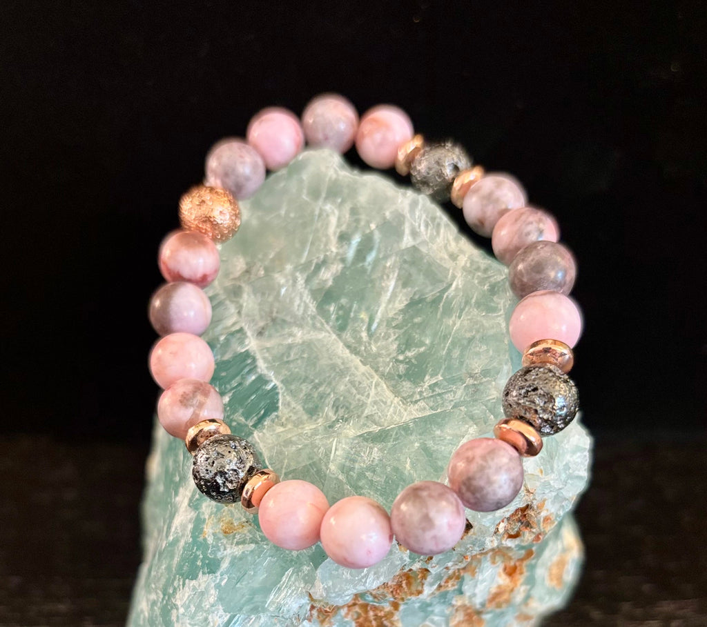 Pink Zebra Jasper & Rose Gold Toned Lava Stone Bracelet | | Wiccan Center