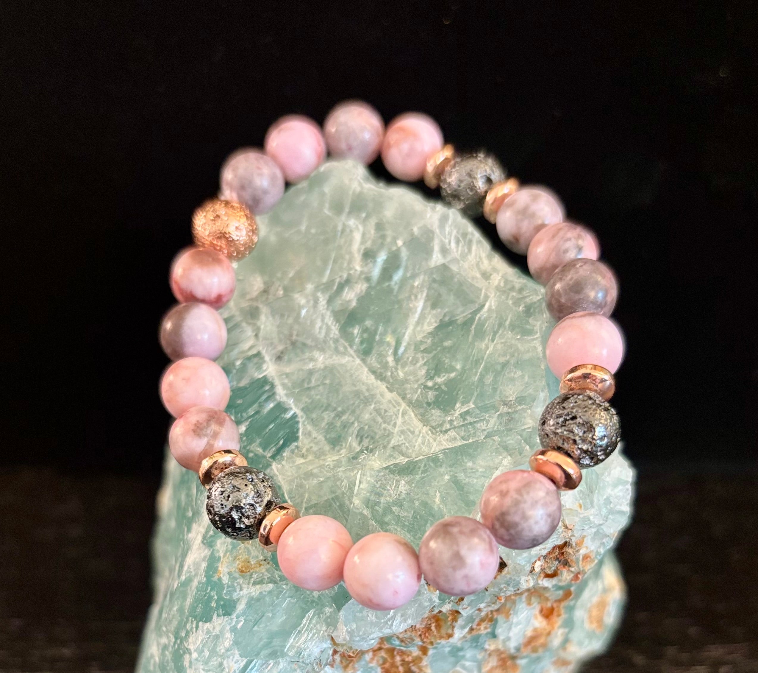 Pink Zebra Jasper & Rose Gold Toned Lava Stone Bracelet | | Wiccan Center