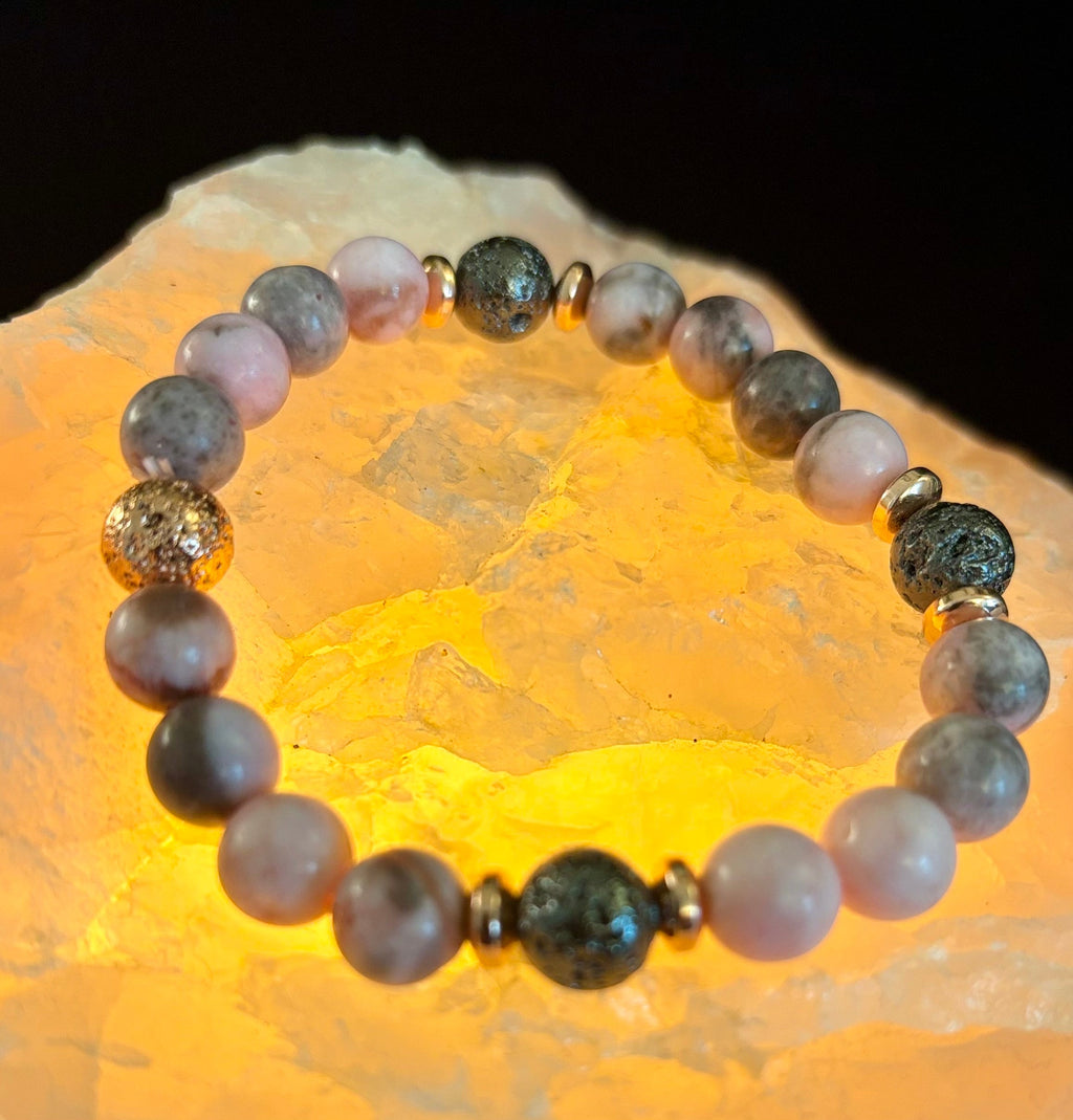 Pink Zebra Jasper & Rose Gold Toned Lava Stone Bracelet | | Wiccan Center