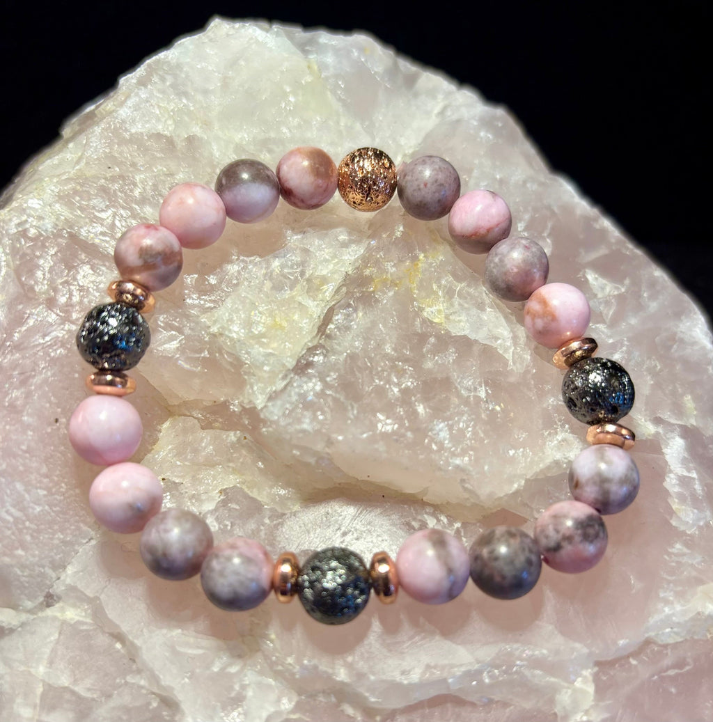 Pink Zebra Jasper & Rose Gold Toned Lava Stone Bracelet | | Wiccan Center