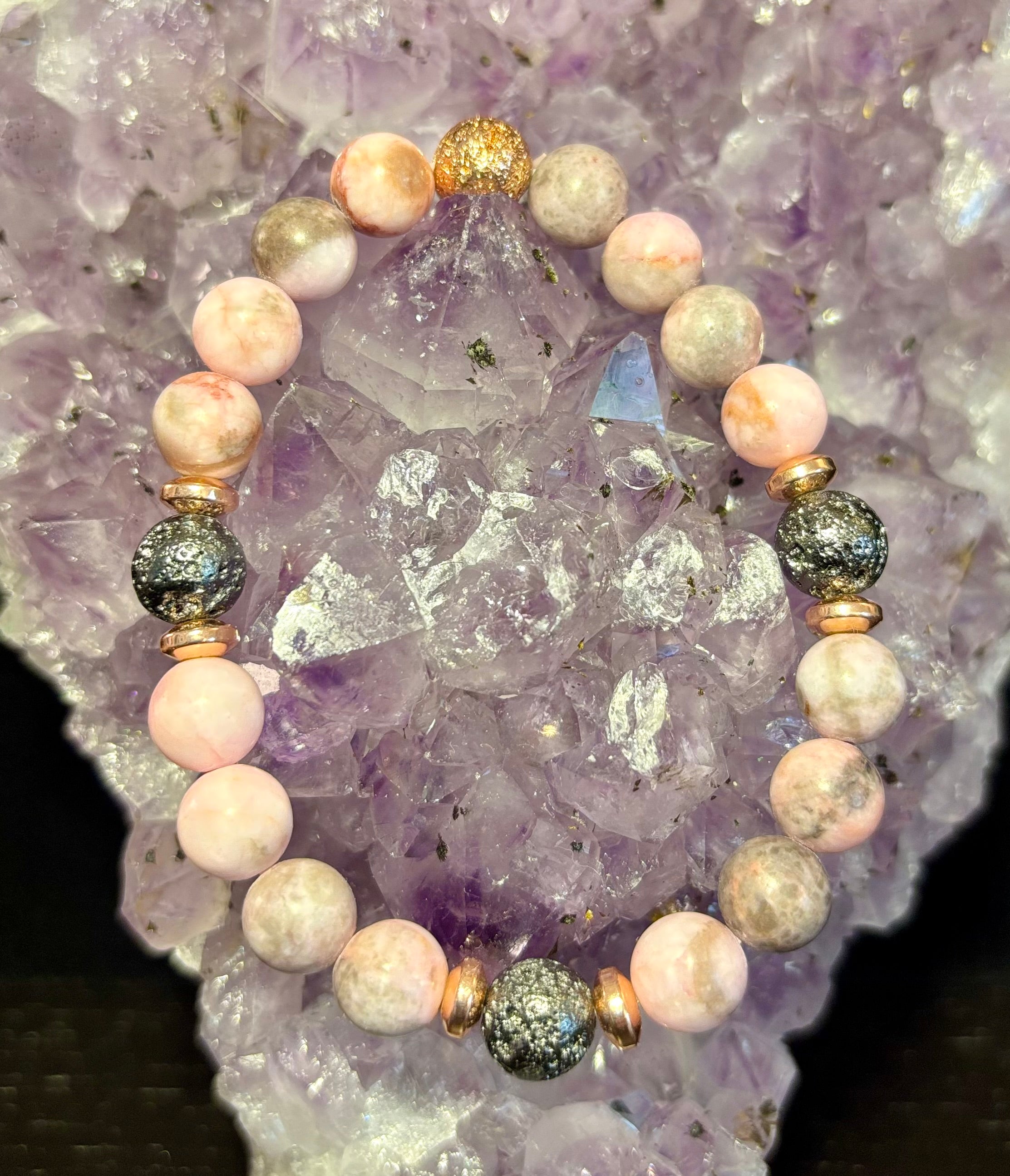 Pink Zebra Jasper & Rose Gold Toned Lava Stone Bracelet | | Wiccan Center
