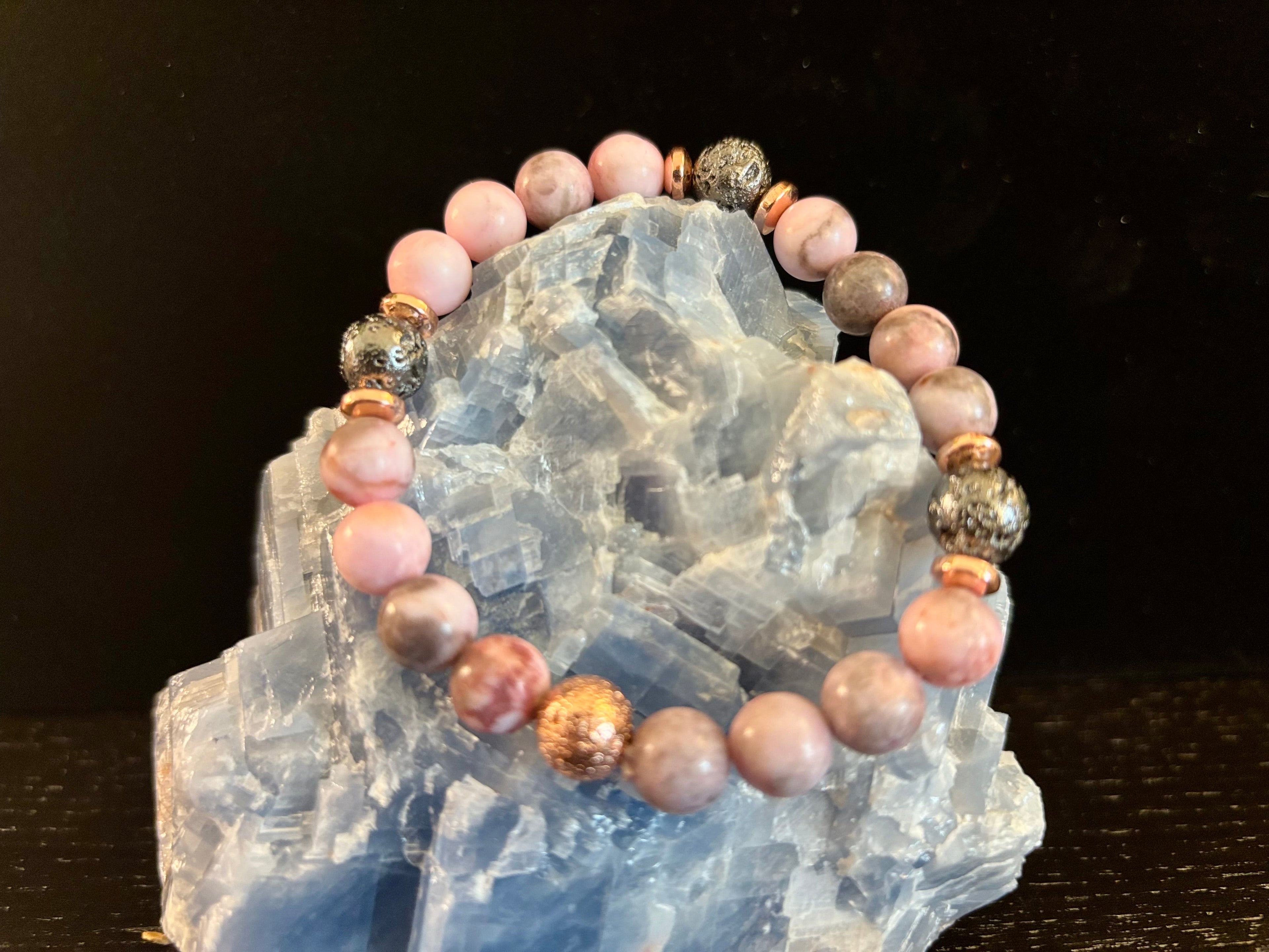 Pink Zebra Jasper & Rose Gold Toned Lava Stone Bracelet | | Wiccan Center