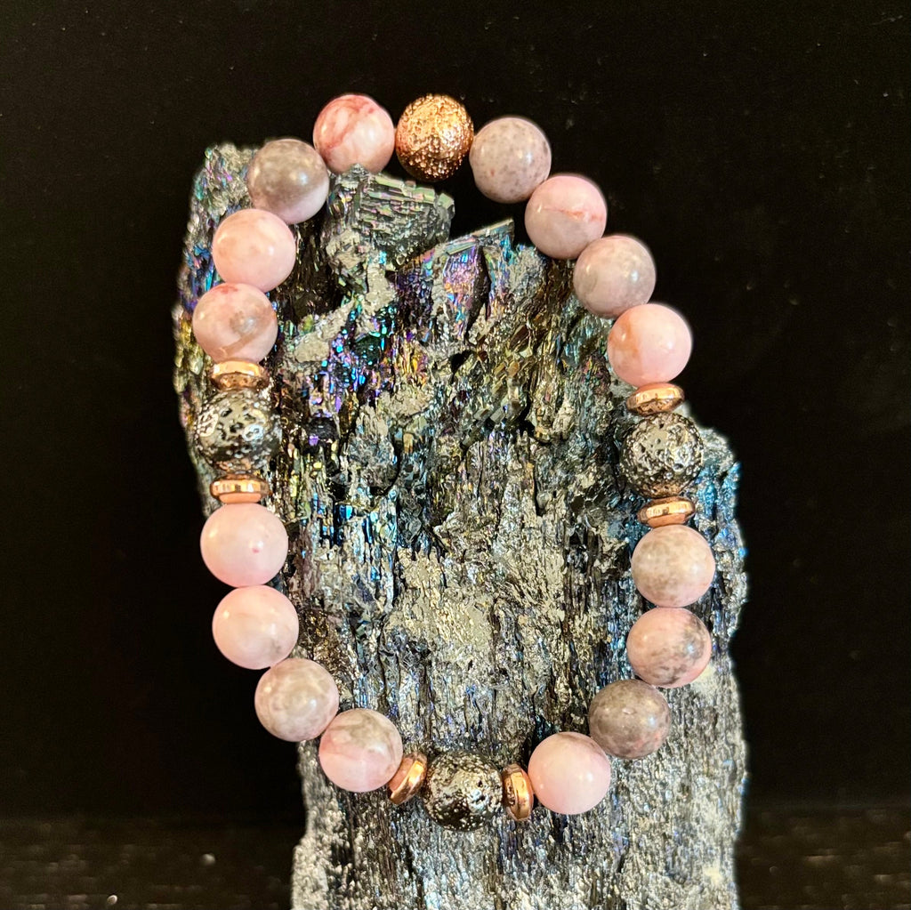 Pink Zebra Jasper & Rose Gold Toned Lava Stone Bracelet | | Wiccan Center