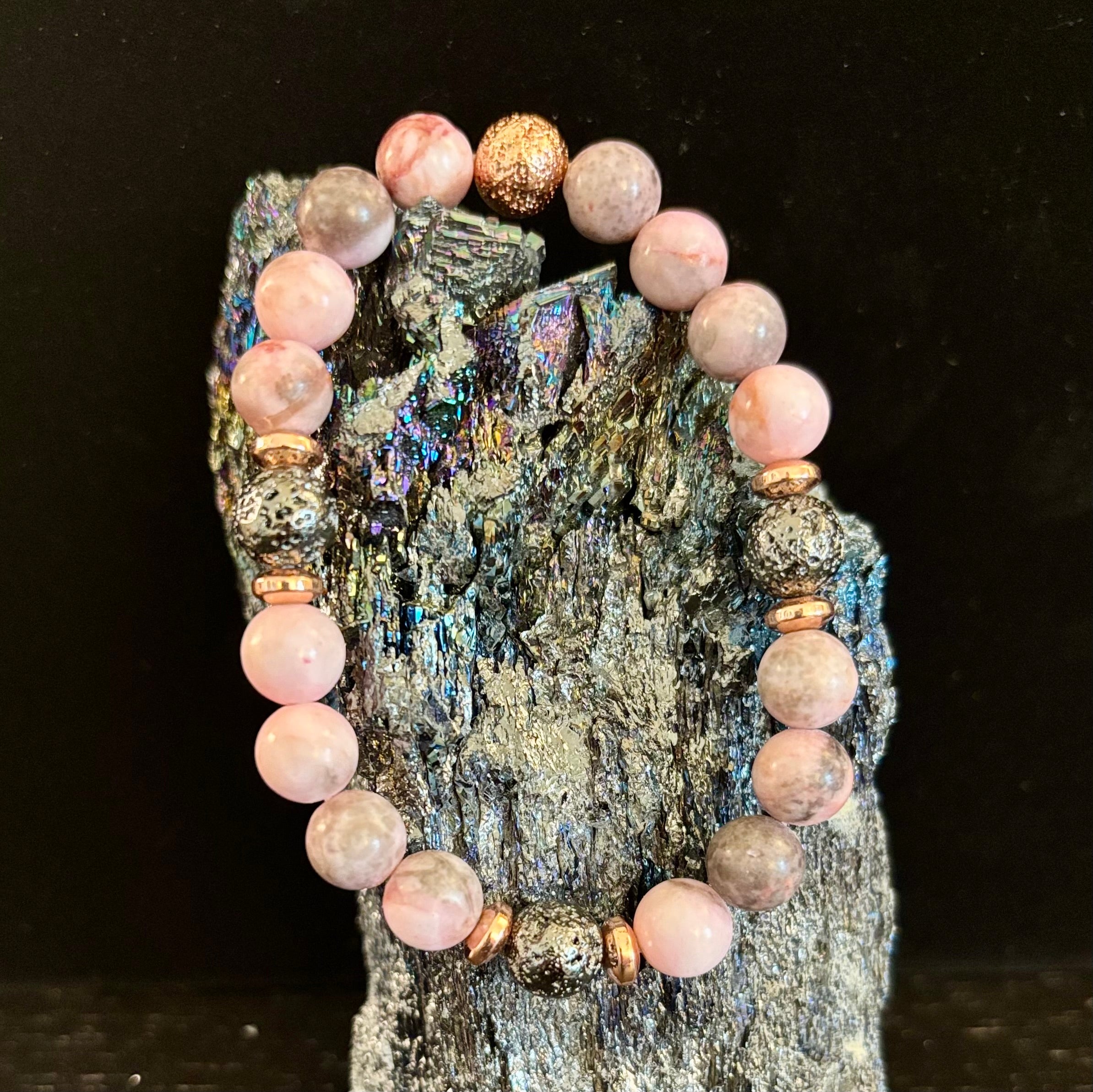 Pink Zebra Jasper & Rose Gold Toned Lava Stone Bracelet | | Wiccan Center