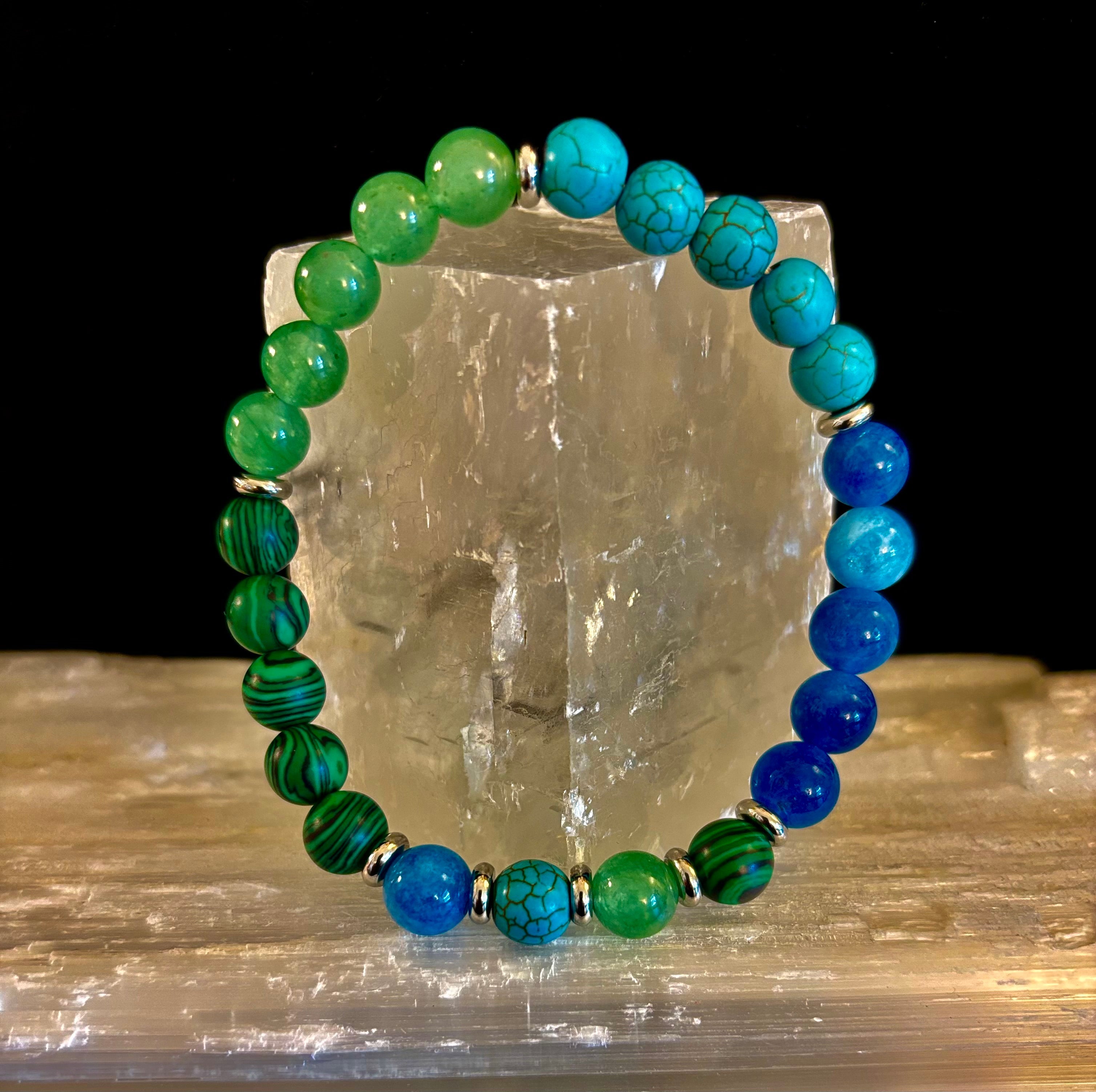 Anxiety Relief Healing Bracelet – Fits Large Wrists (Malachite, Green Aventurine, Turquoise, and Aquamarine) | | Wiccan Center