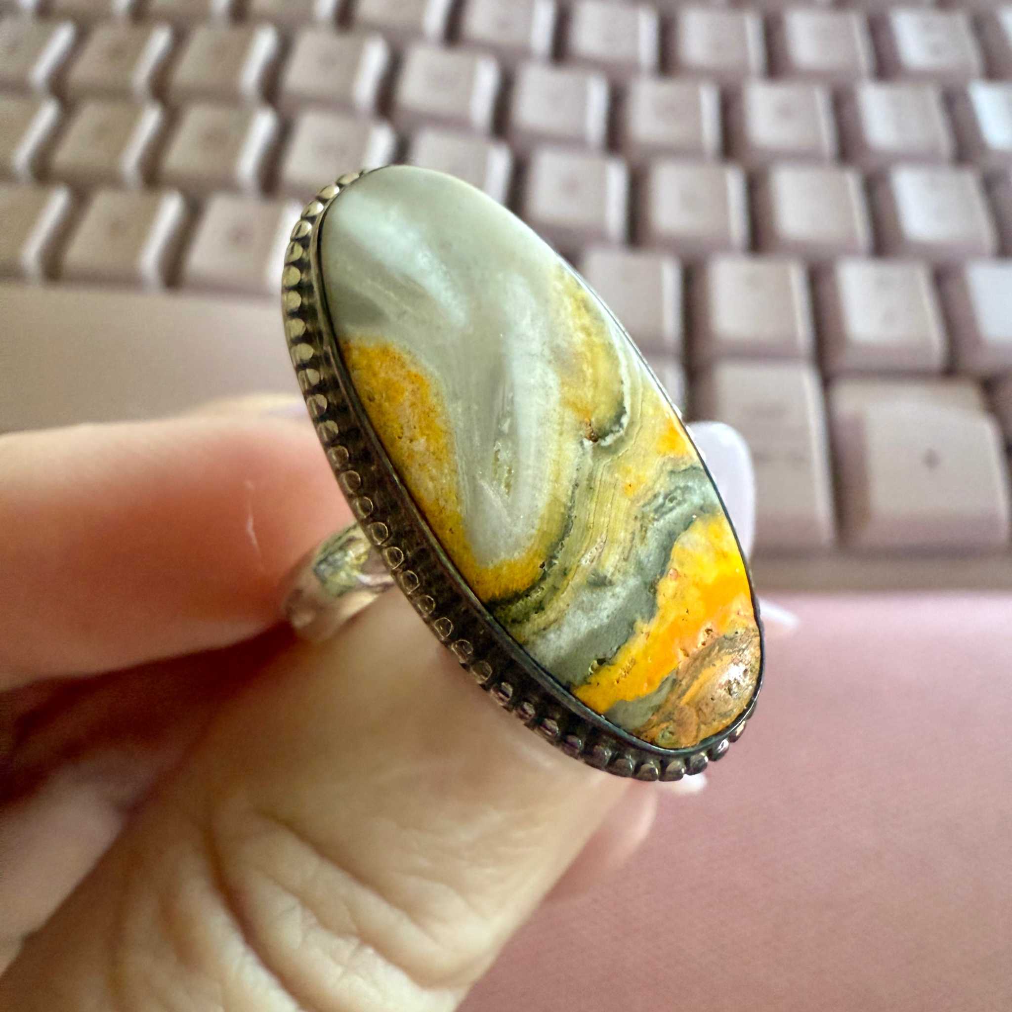 Bumblebee Jasper Oval Statement Ring – Sterling Silver – Size 8 | Rings | Wiccan Center
