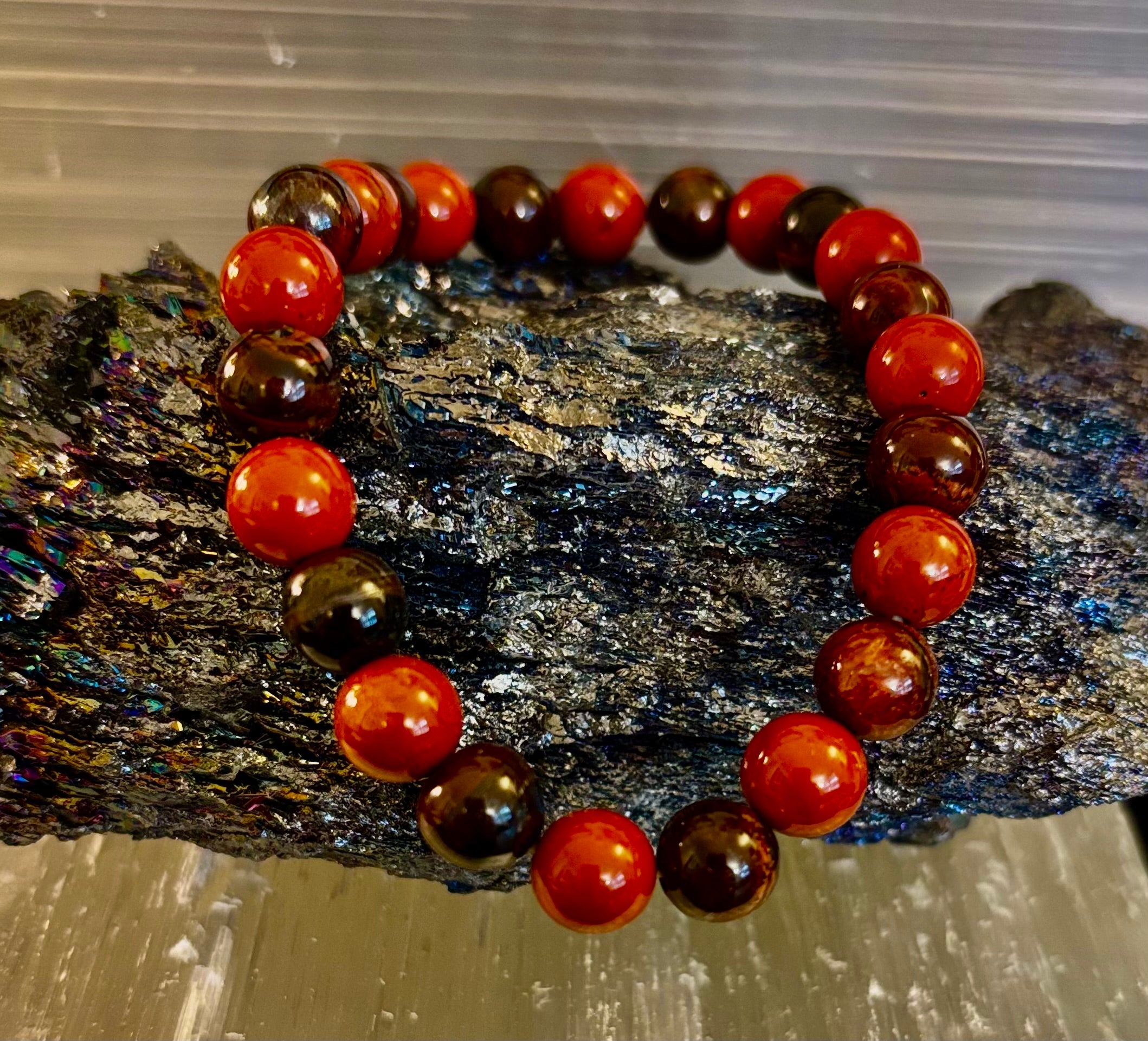 Powerful Protection Bracelet – Red Tiger Eye & Red Jasper Healing Bracelet (For Large Wrists) | | Wiccan Center