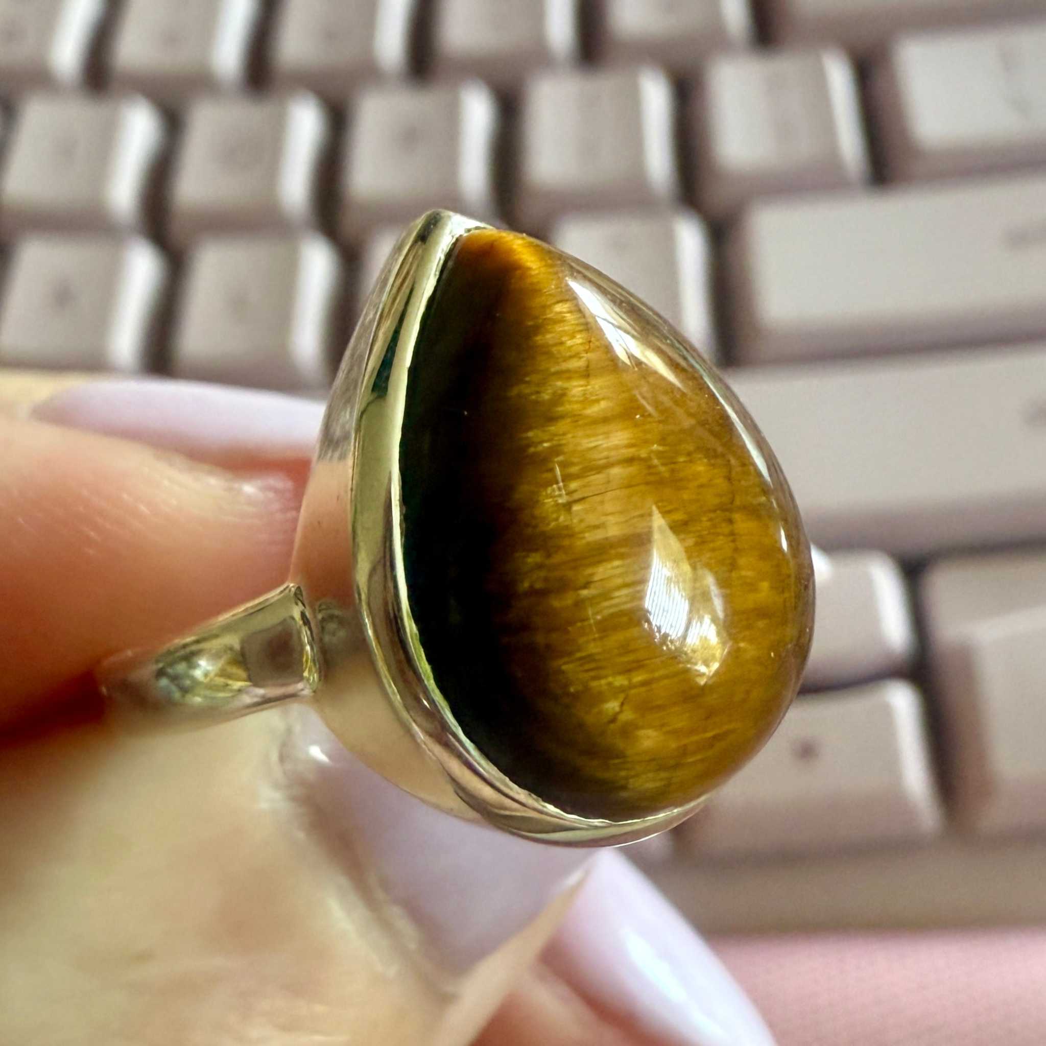 Tiger Eye Teardrop Bezel Ring – Sterling Silver – Size 8 | Rings | Wiccan Center