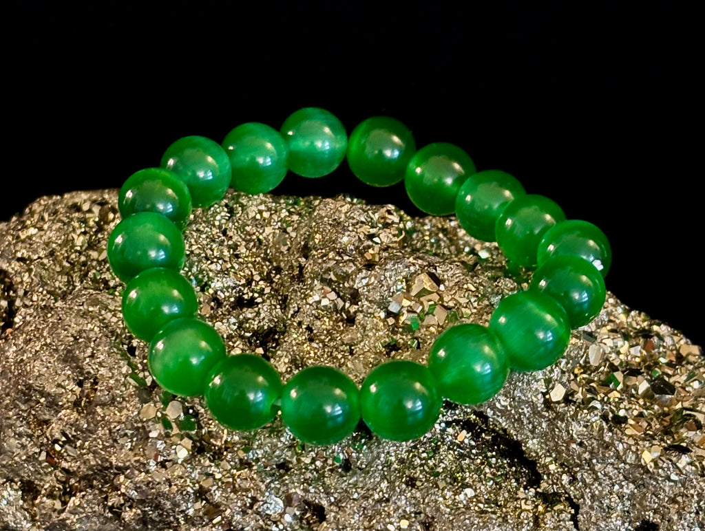 Green Cat Eye Stone Crystal Beaded Bracelet (8, 10, and 12 mm for Small and Medium Wrists) | | Wiccan Center