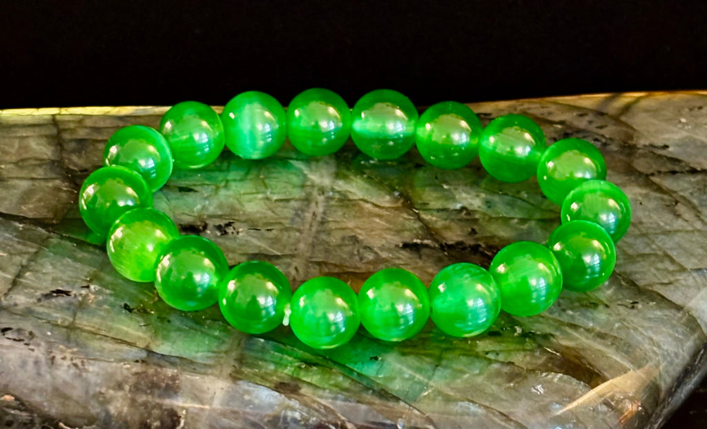 Green Cat Eye Stone Crystal Beaded Bracelet (8, 10, and 12 mm for Small and Medium Wrists) | | Wiccan Center