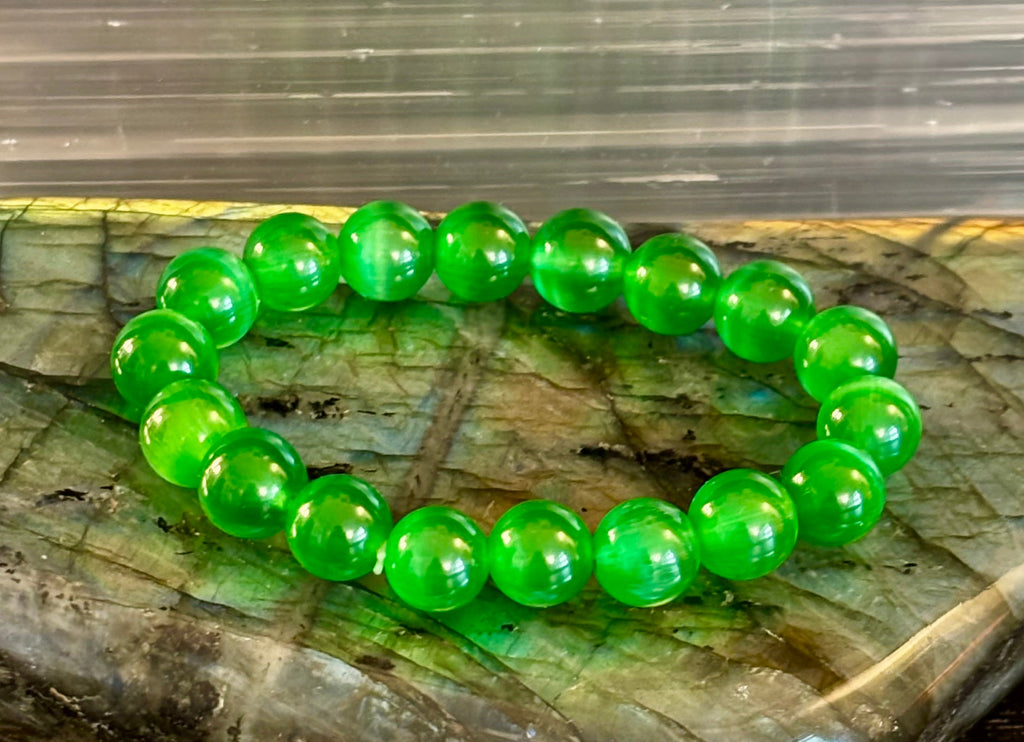 Green Cat Eye Stone Crystal Beaded Bracelet (8, 10, and 12 mm for Small and Medium Wrists) | | Wiccan Center