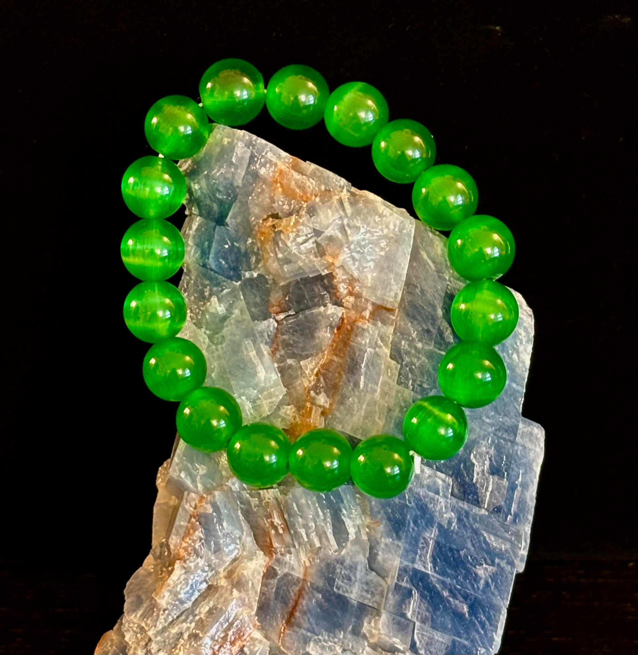 Green Cat Eye Stone Crystal Beaded Bracelet (8, 10, and 12 mm for Small and Medium Wrists) | | Wiccan Center