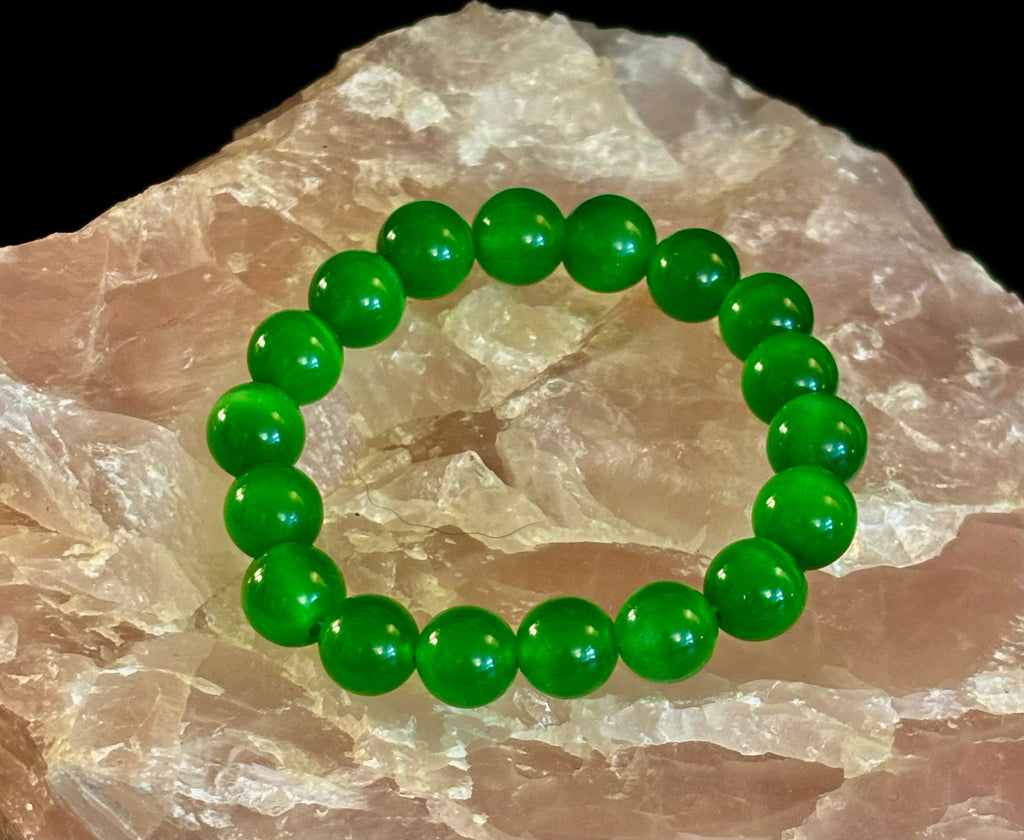 Green Cat Eye Stone Crystal Beaded Bracelet (8, 10, and 12 mm for Small and Medium Wrists) | | Wiccan Center