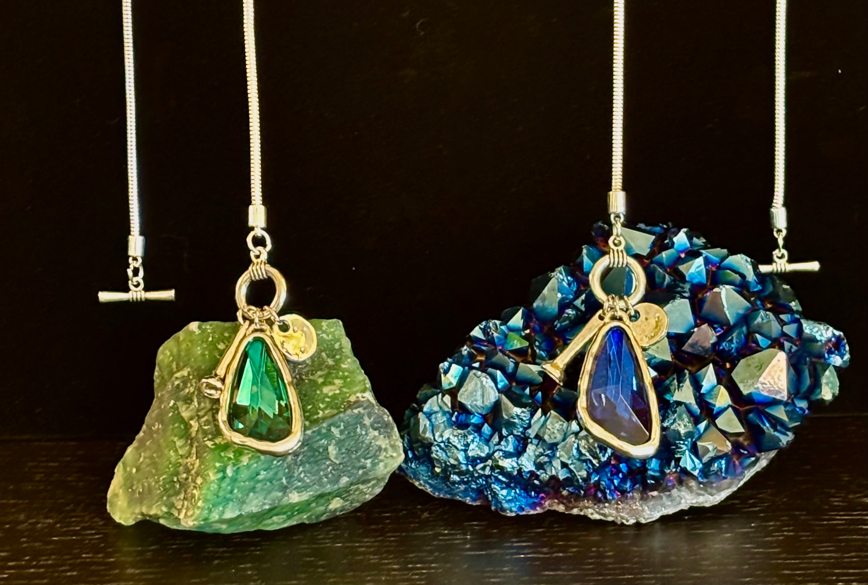 Crystal Teardrop Pendant Necklace – Ocean Blue, Emerald Green & Charcoal | Adjustable 29 inch Statement Necklace | | Wiccan Center
