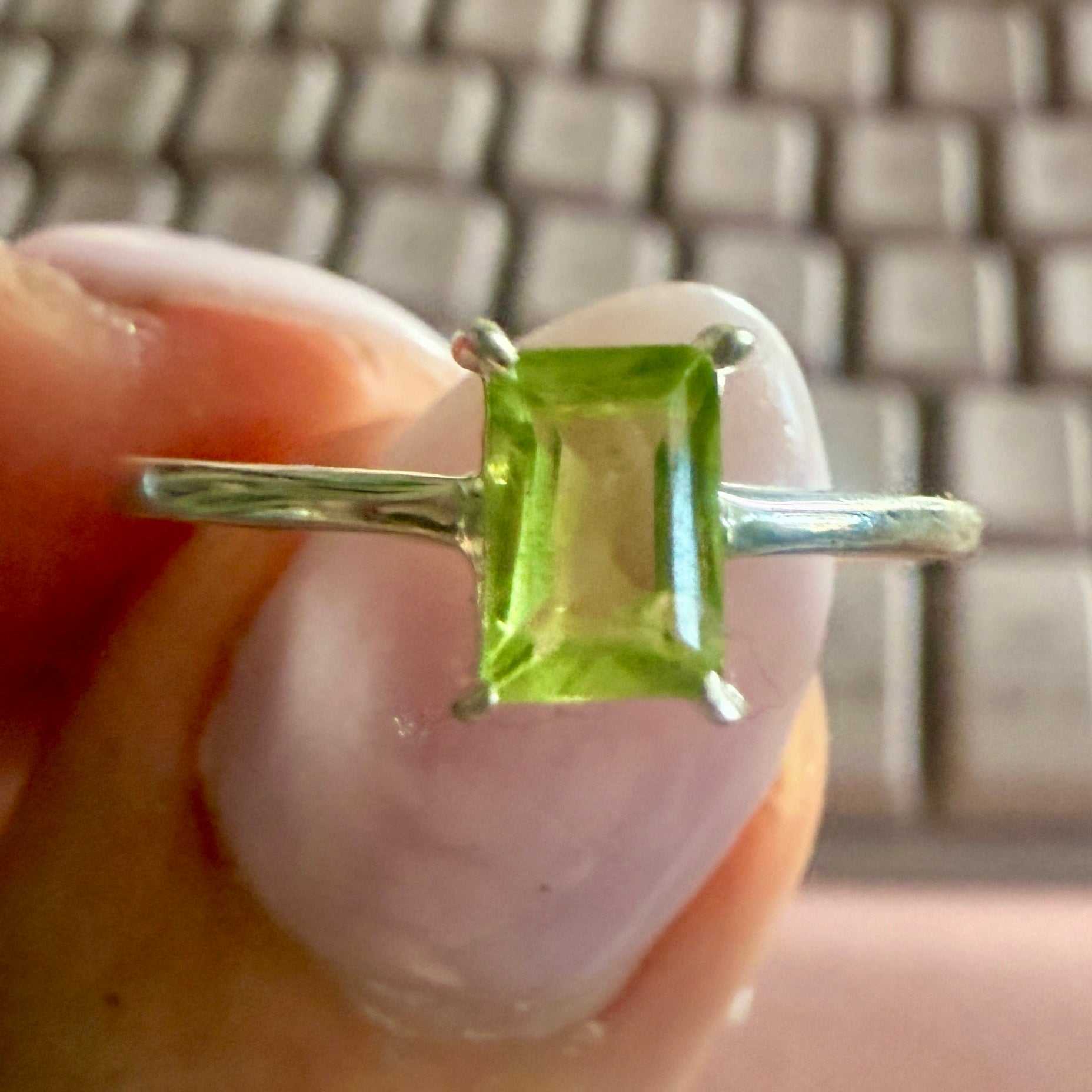 Peridot Emerald-Cut Prong Ring – Sterling Silver – Size 8 | Rings | Wiccan Center