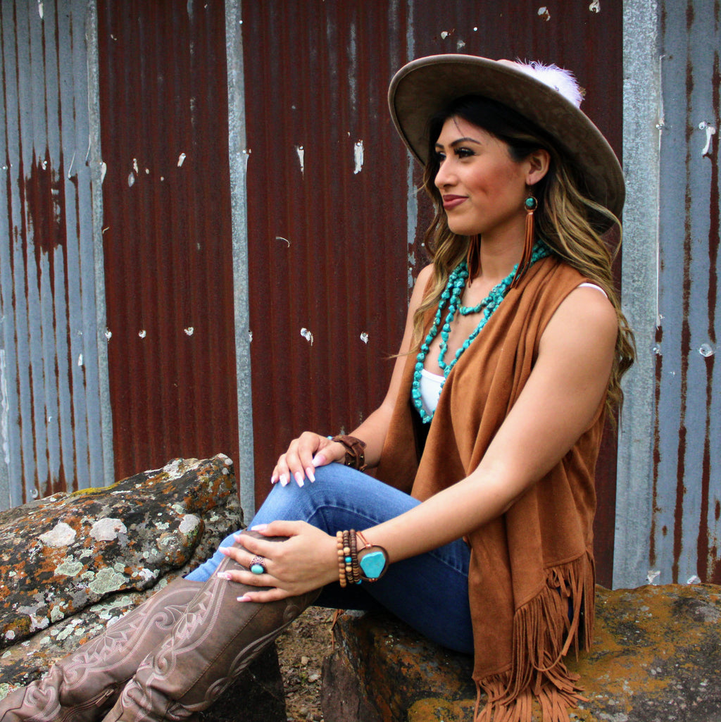 Turquoise Drop Earrings w/ Suede Leather Tassel 202s | Earrings | Wiccan Center