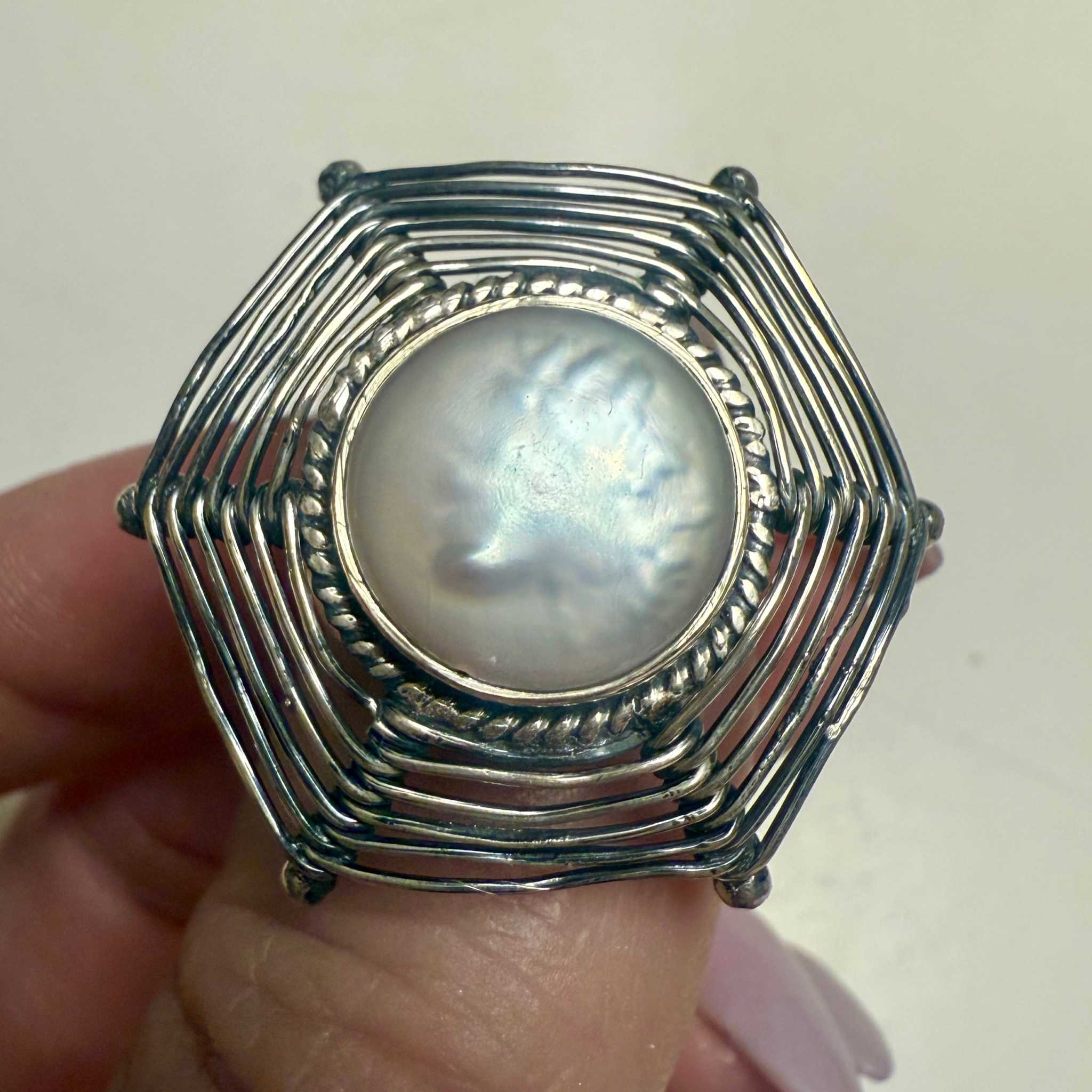 Pearl Woven Hexagon Statement Ring – Sterling Silver – Sizes 7, 8 & 9 | Rings | Wiccan Center