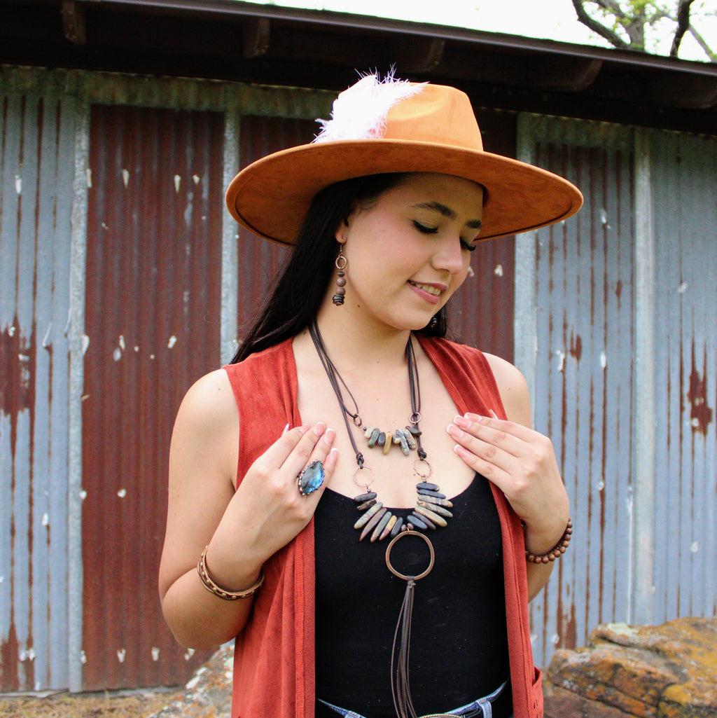 Picasso Jasper Necklace w/ Copper Hoop & Leather Tassel 261e | Necklace | Wiccan Center