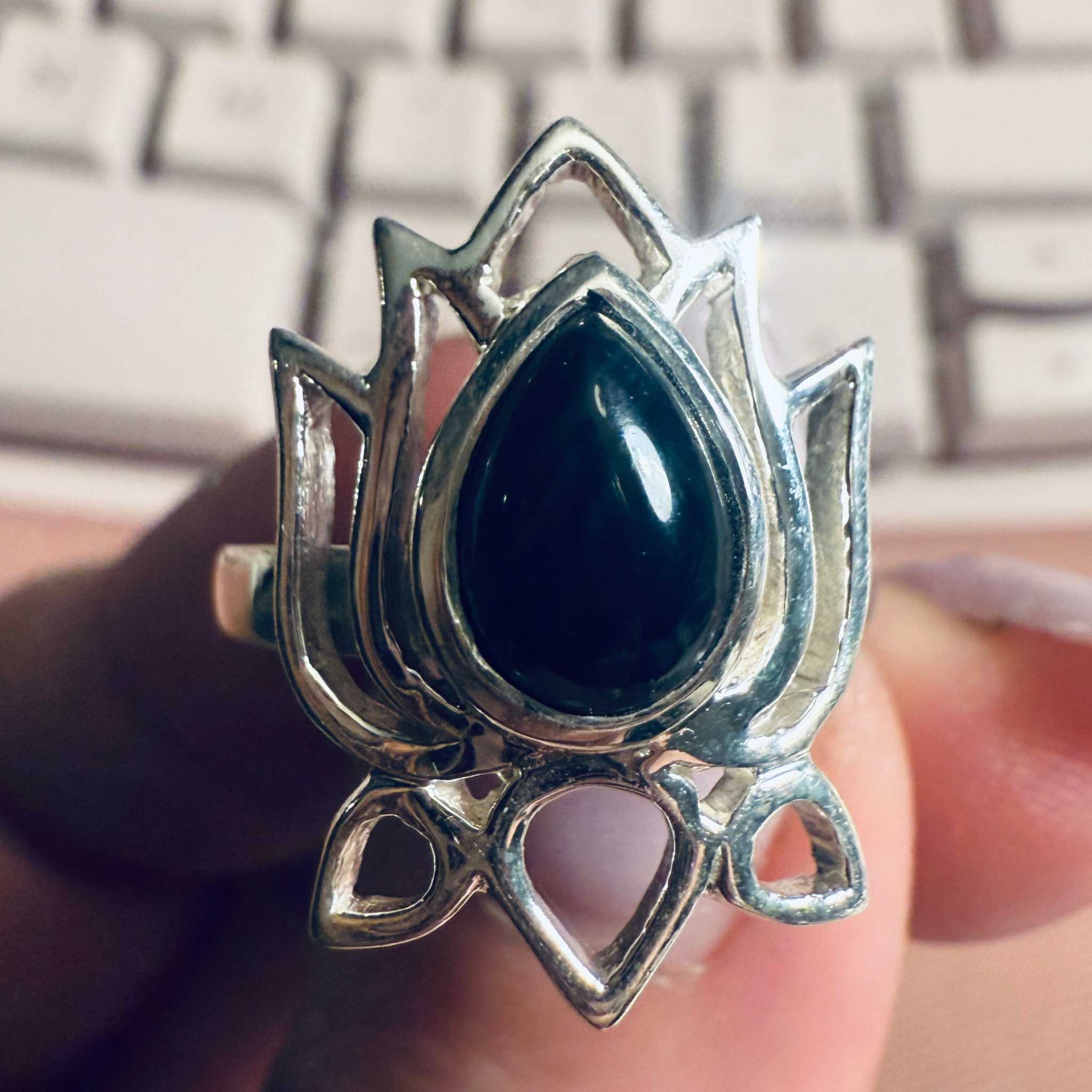 Black Onyx Lotus Frame Ring – Sterling Silver – Sizes 8 and 9 | Rings | Wiccan Center