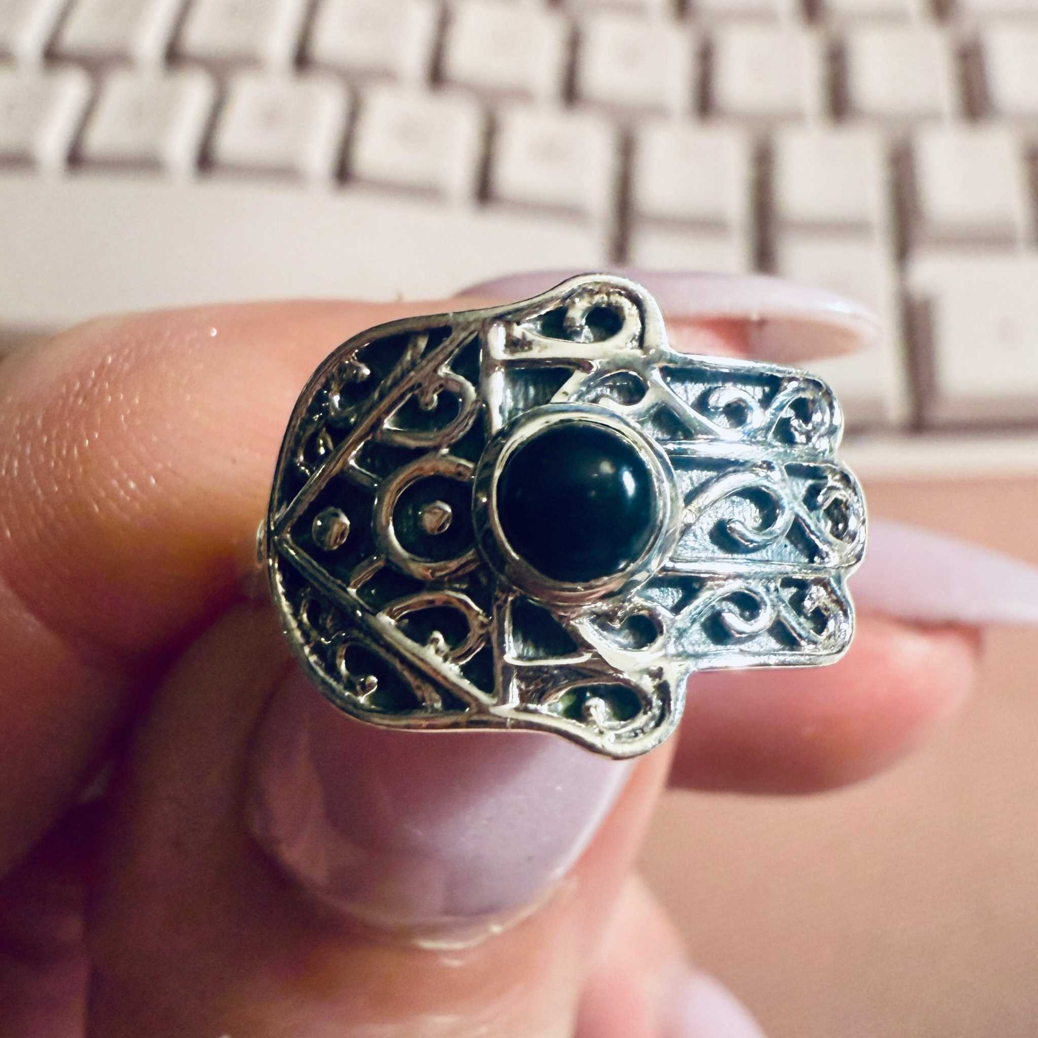 Black Onyx Hamsa Filigree Ring – Sterling Silver – Size 7 | Rings | Wiccan Center
