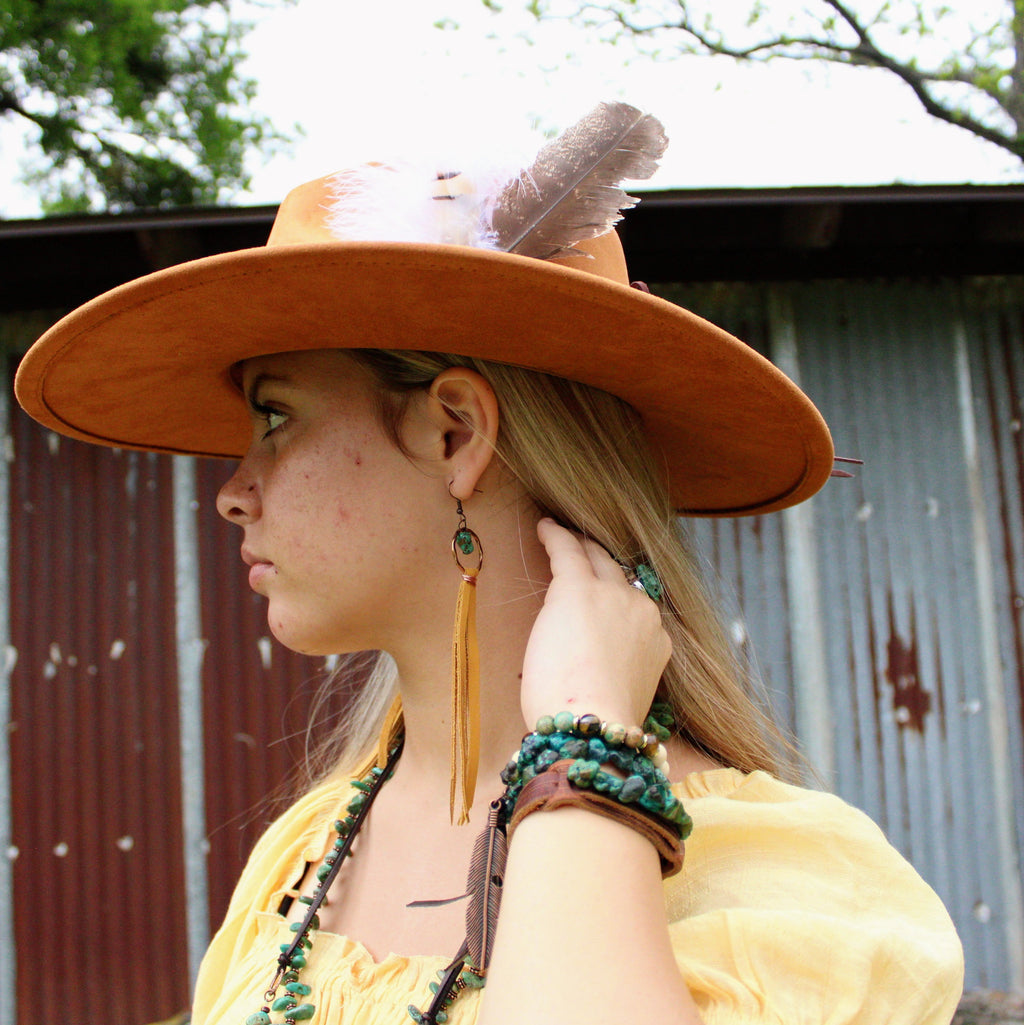 Turquoise Drop Earrings with Leather Tassel-Mustard 206f | Earrings | Wiccan Center