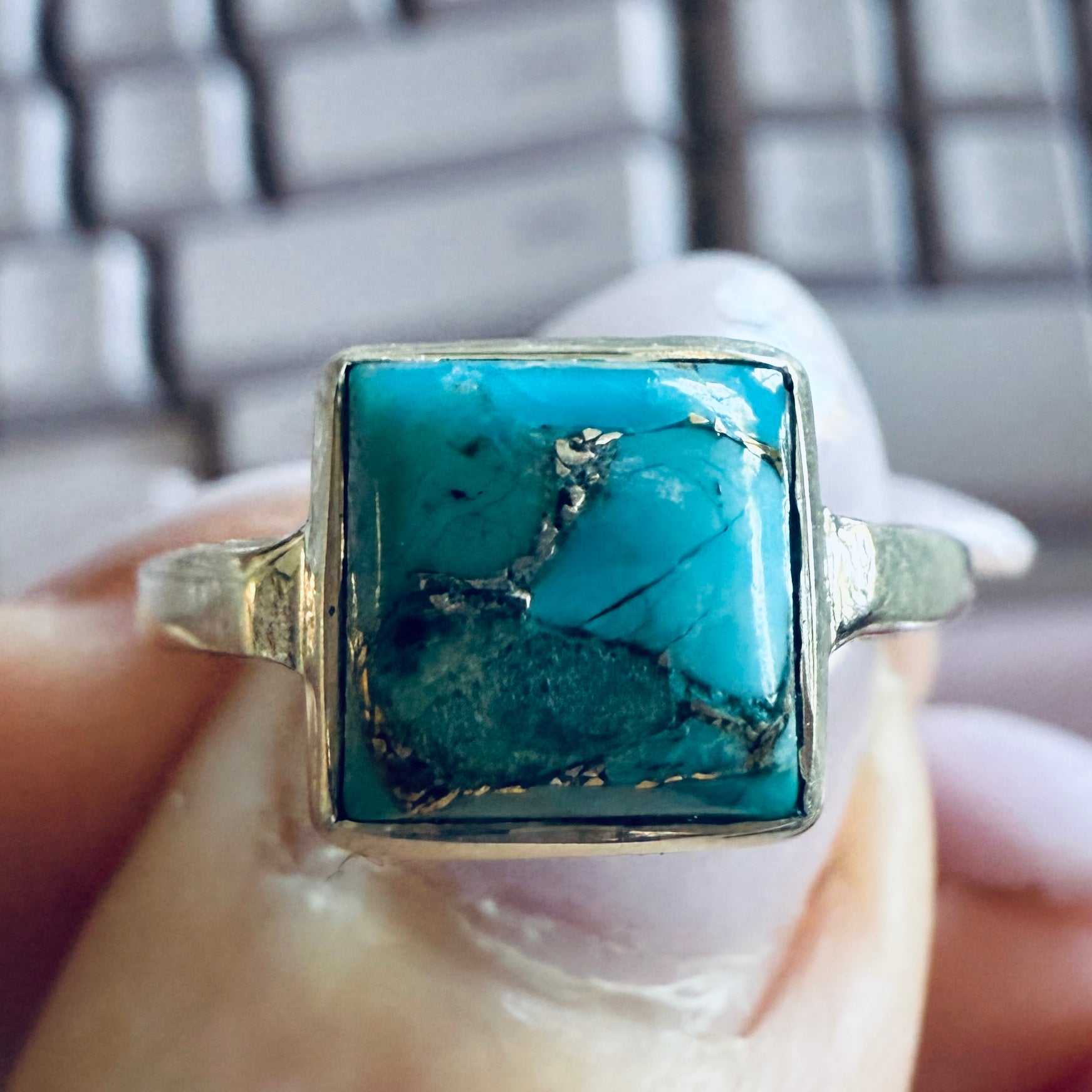 Square Turquoise Ring — Size 8 (Dual-Connection Band) | Rings | Wiccan Center