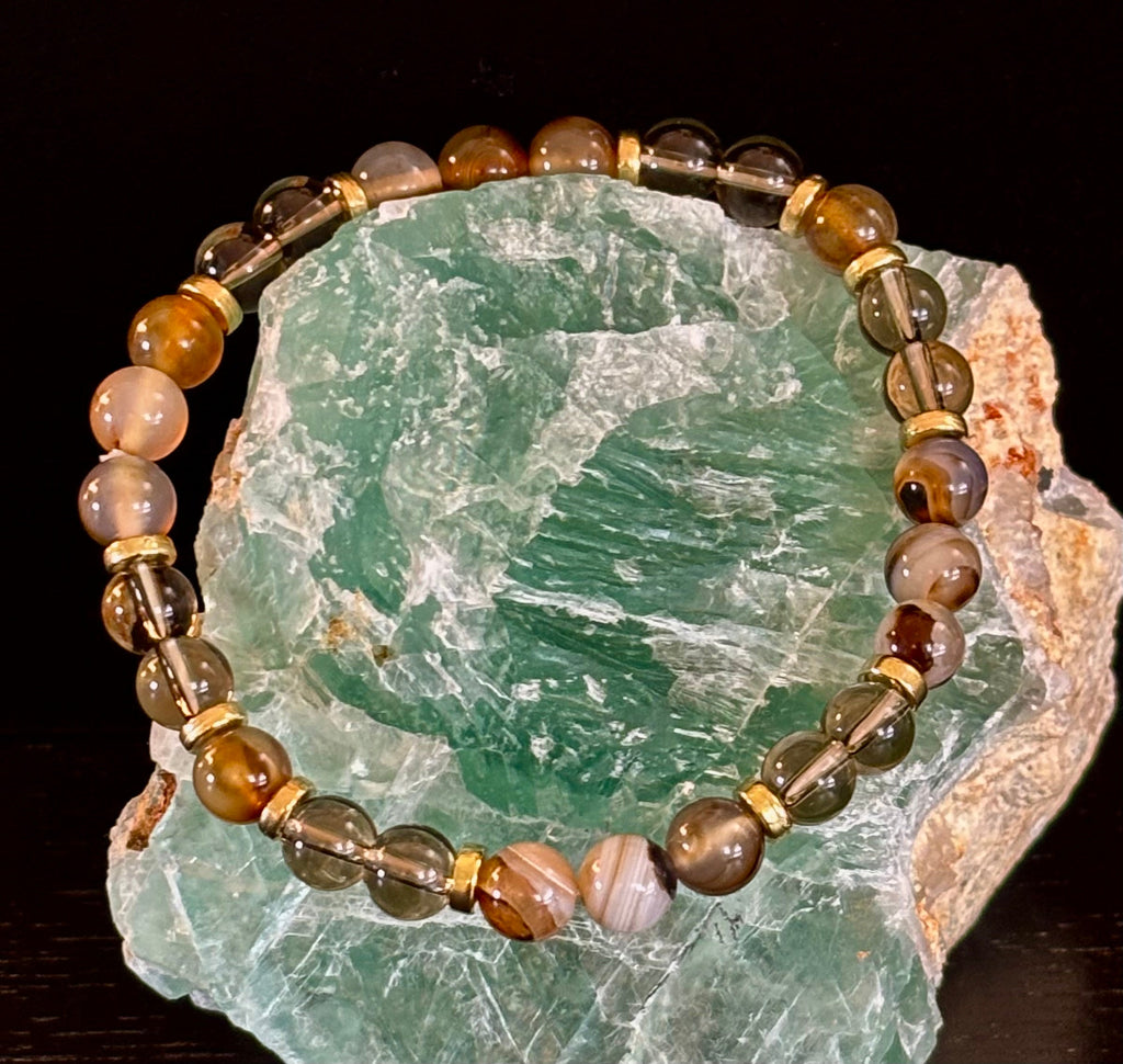 Bohemian "Overthinker's Elixir" Bracelet – Handcrafted Botswana Agate & Smoky Quartz for Grounding & Clarity | | Wiccan Center
