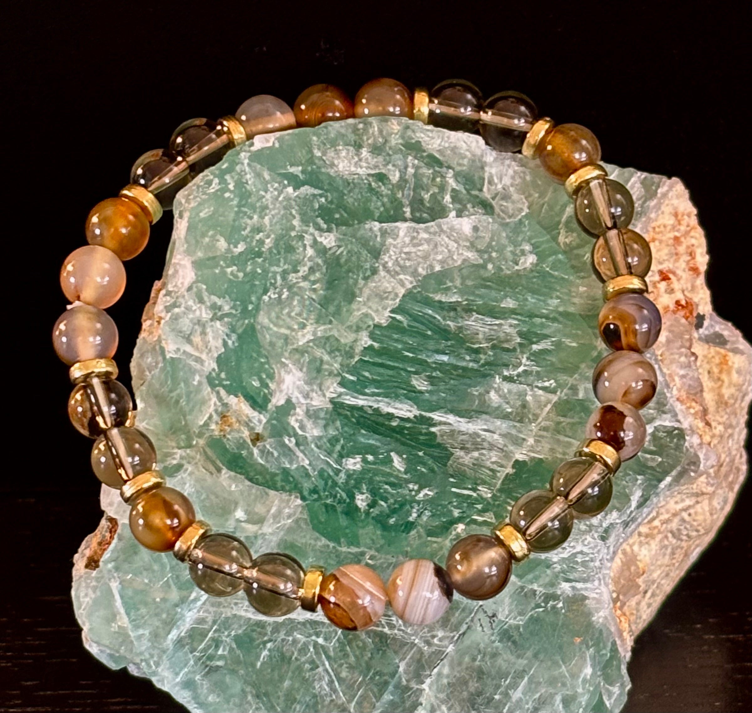 Bohemian "Overthinker's Elixir" Bracelet – Handcrafted Botswana Agate & Smoky Quartz for Grounding & Clarity | | Wiccan Center