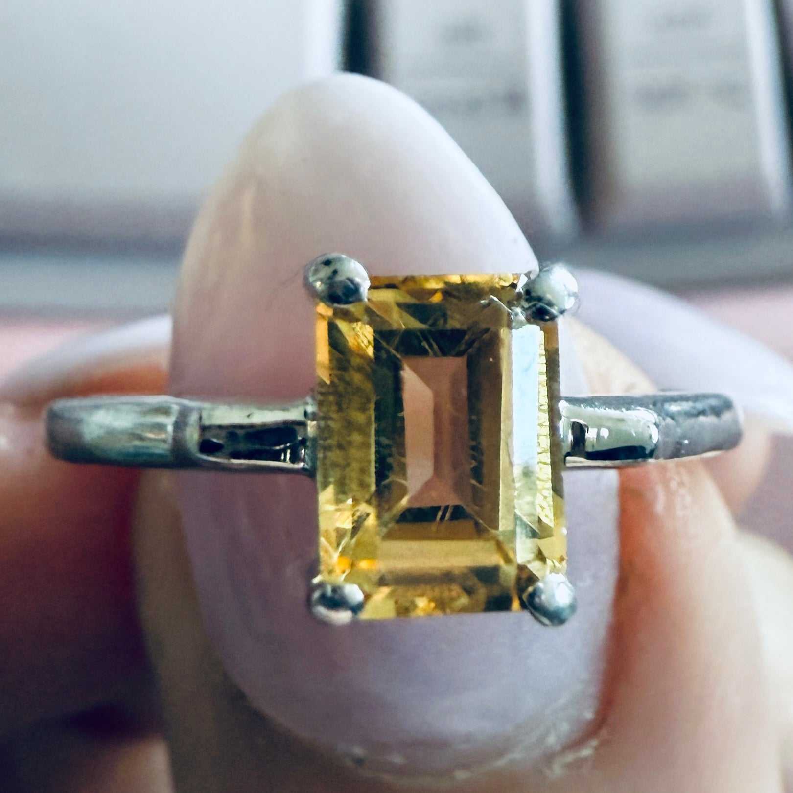 Citrine Emerald-Cut Solitaire Ring – Sterling Silver – Size 7 | Rings | Wiccan Center