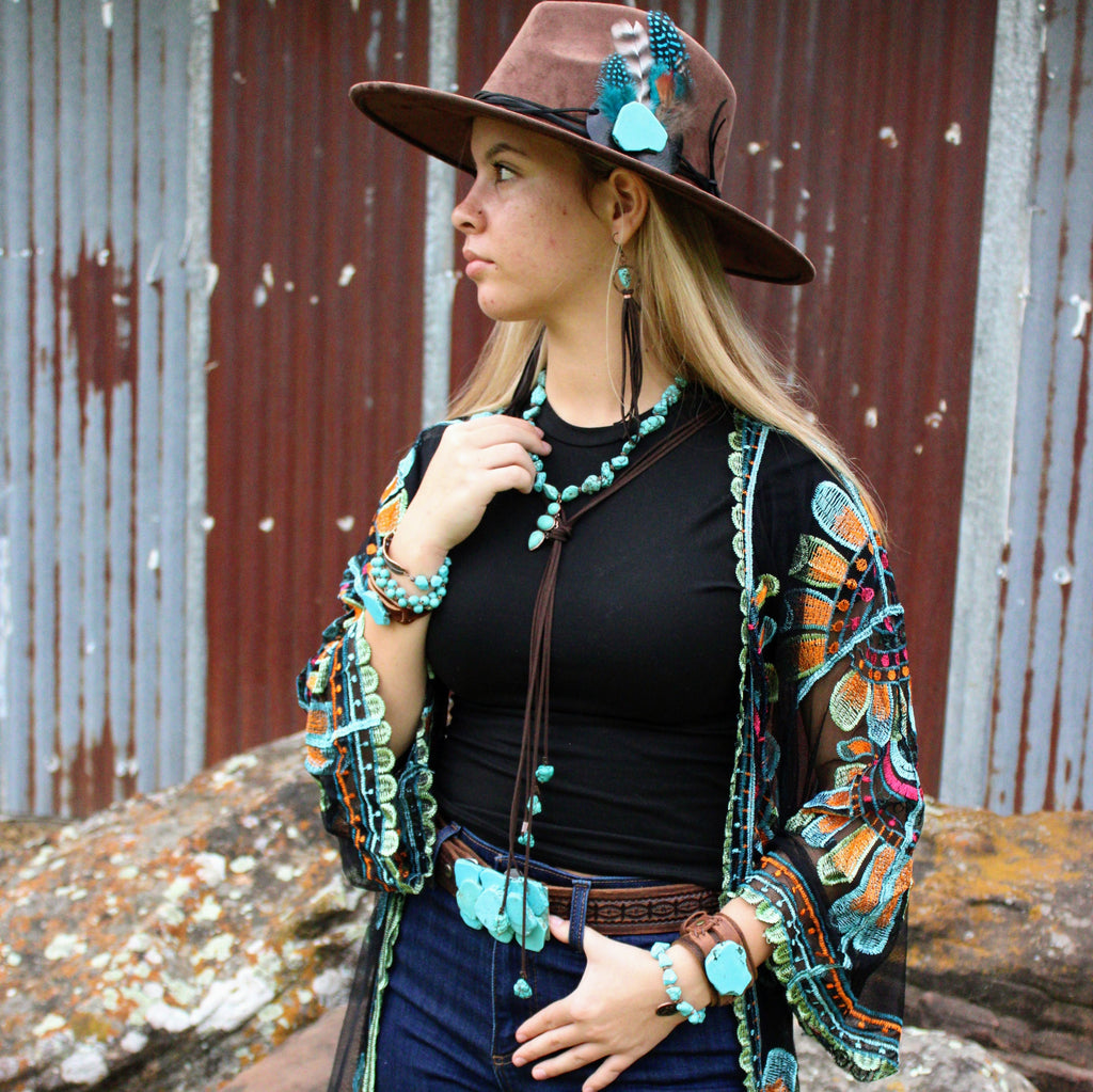 Turquoise Drop Earrings with Leather Tassel-Black 206g