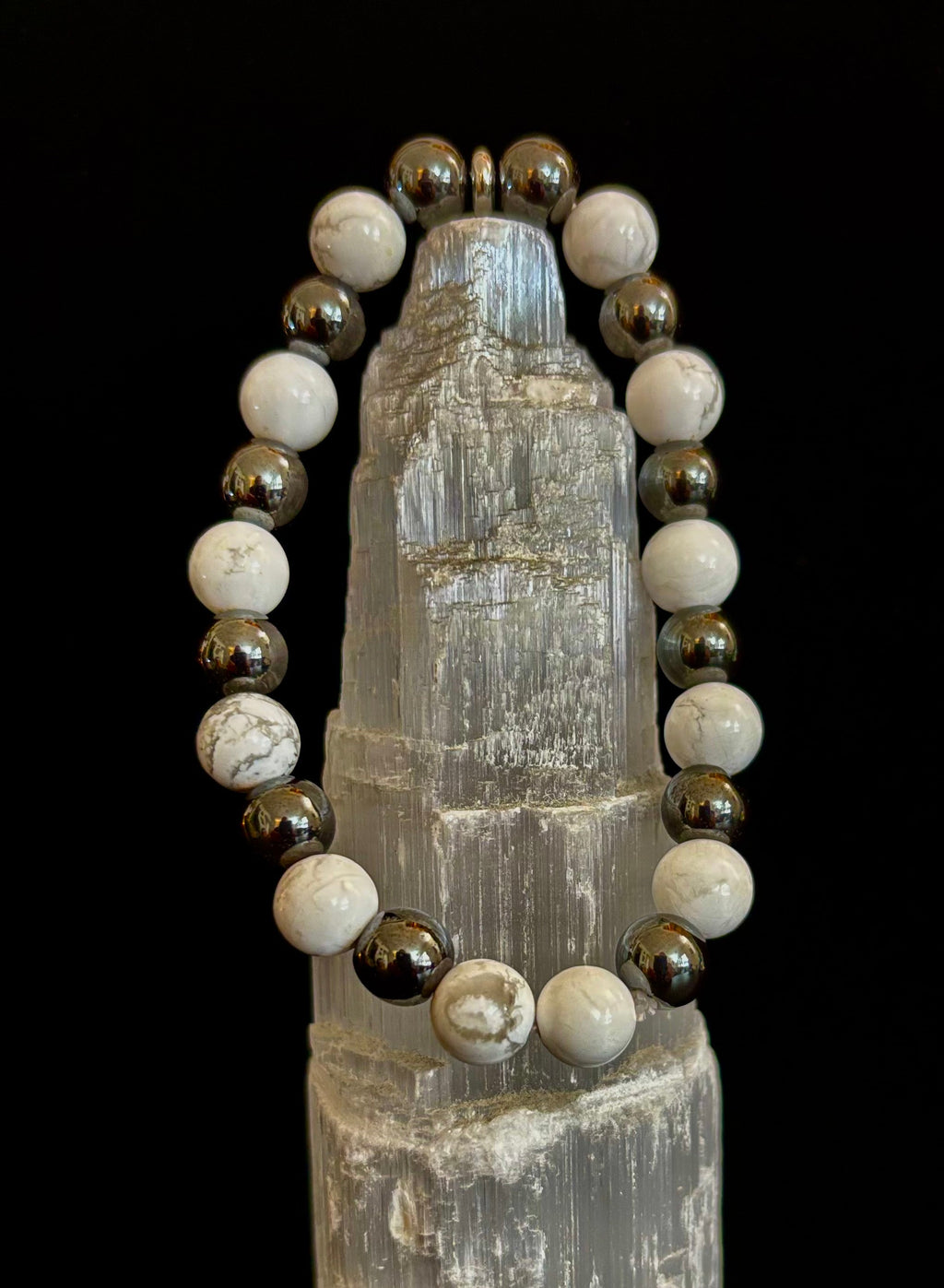 White Howlite & Hematite Reiki-Infused Calm & Grounding Bracelet (Medium Wrist) | | Wiccan Center