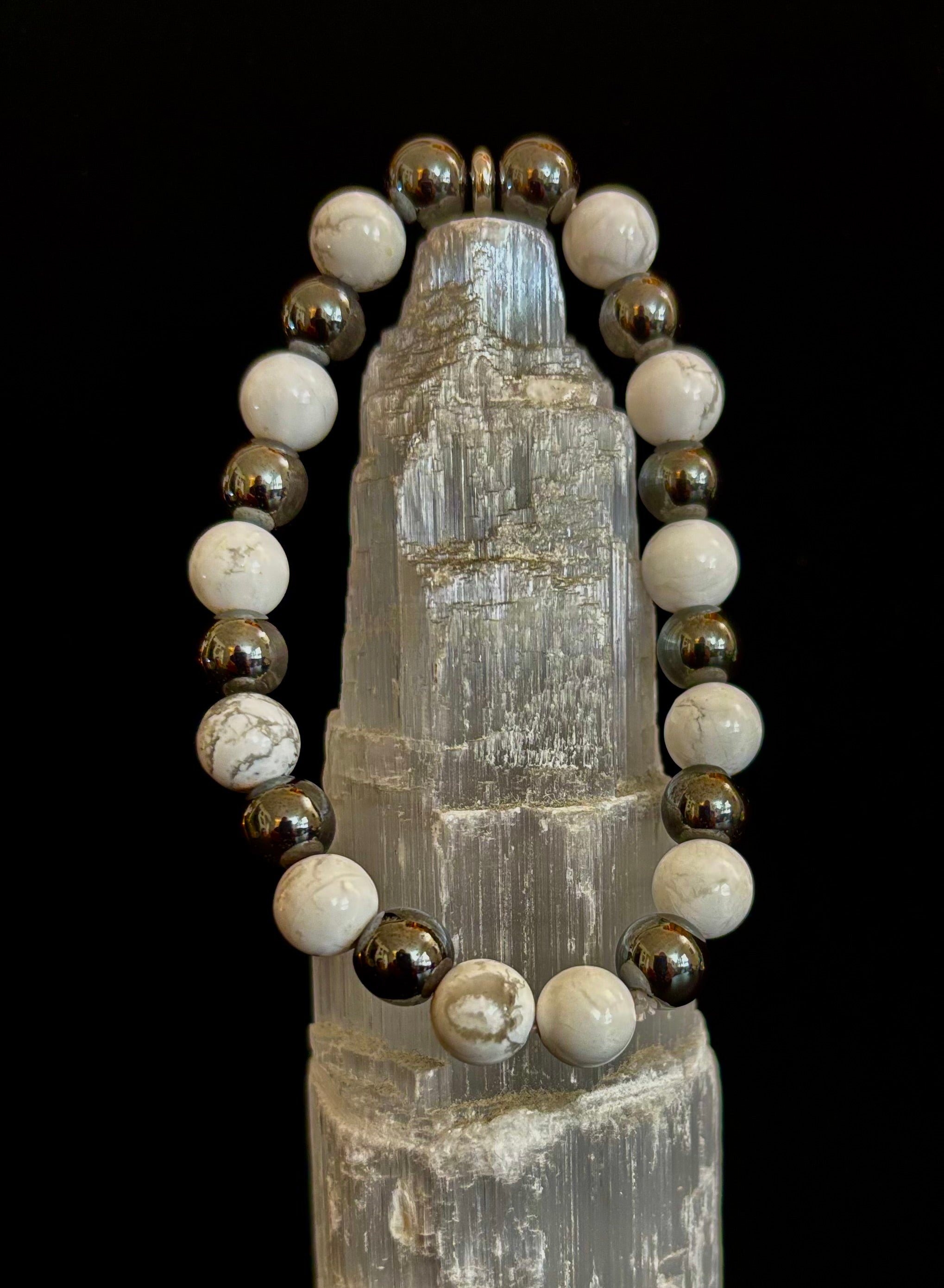 White Howlite & Hematite Reiki-Infused Calm & Grounding Bracelet (Medium Wrist) | | Wiccan Center