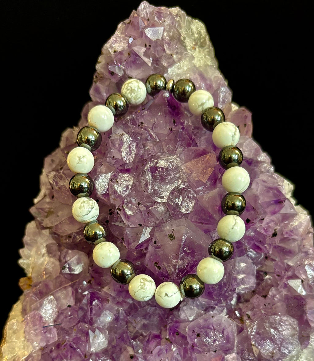 White Howlite & Hematite Reiki-Infused Calm & Grounding Bracelet (Medium Wrist) | | Wiccan Center
