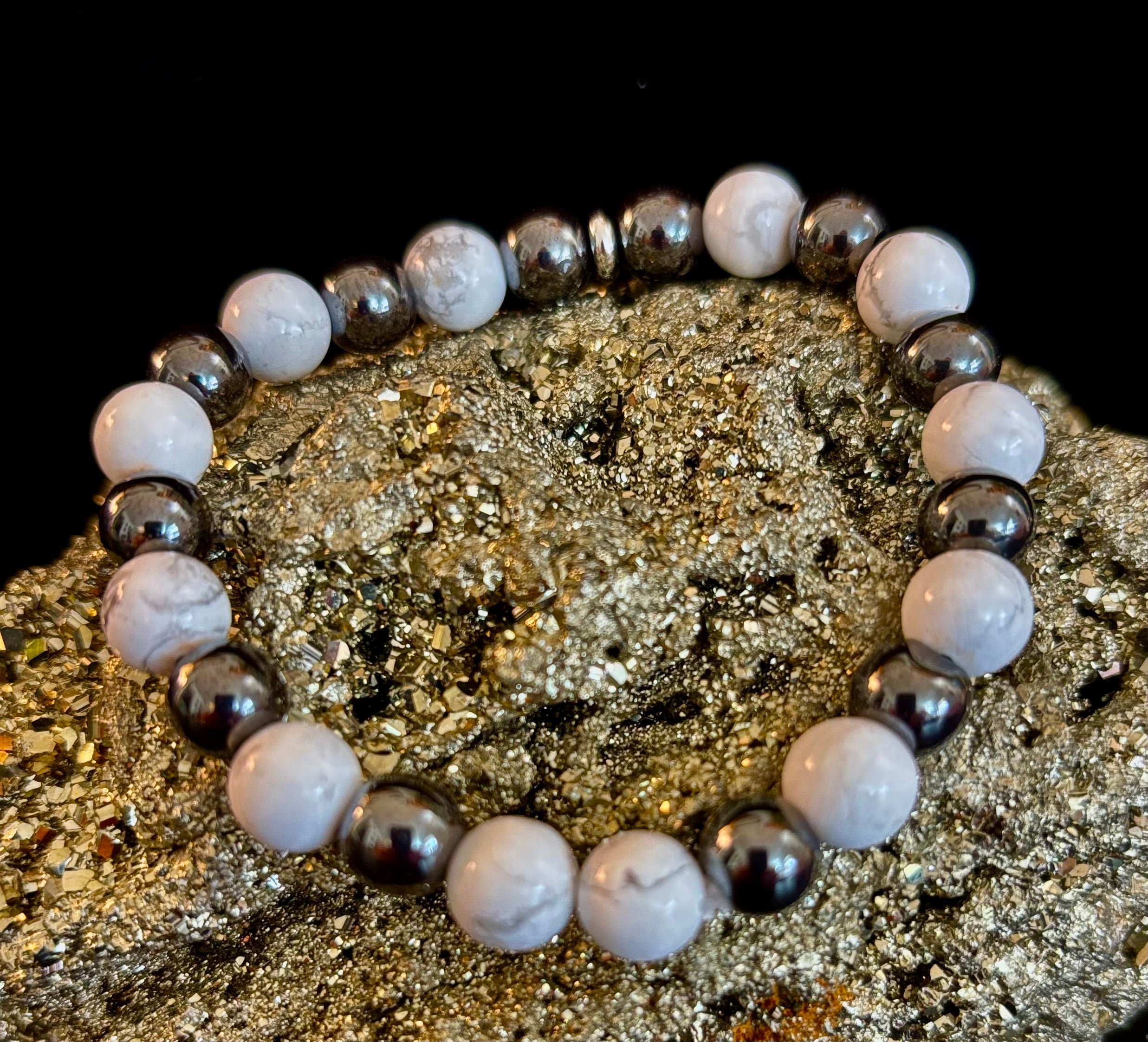 White Howlite & Hematite Reiki-Infused Calm & Grounding Bracelet (Medium Wrist) | | Wiccan Center
