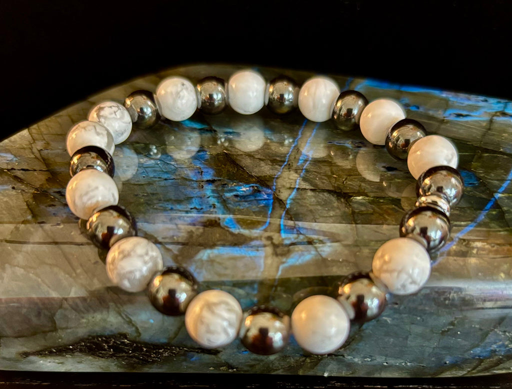 White Howlite & Hematite Reiki-Infused Calm & Grounding Bracelet (Medium Wrist) | | Wiccan Center
