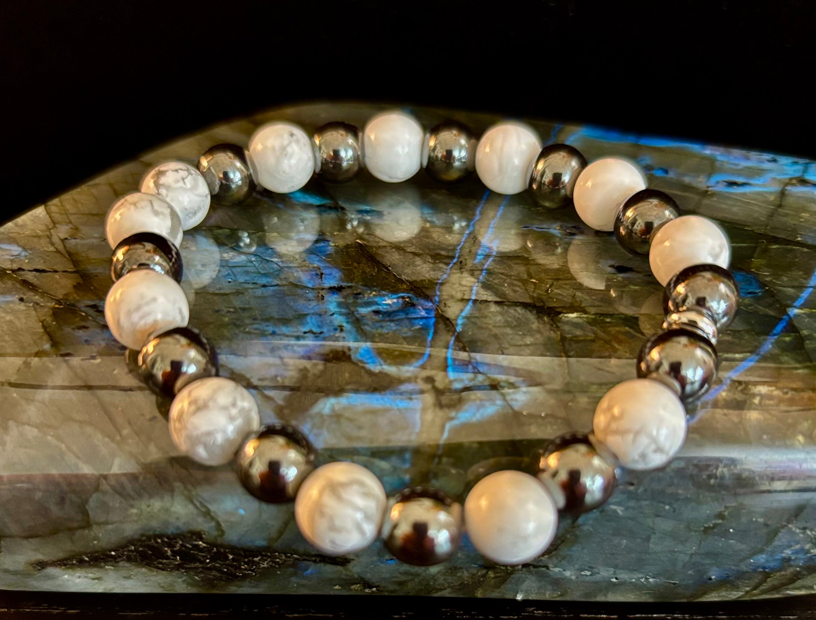 White Howlite & Hematite Reiki-Infused Calm & Grounding Bracelet (Medium Wrist) | | Wiccan Center