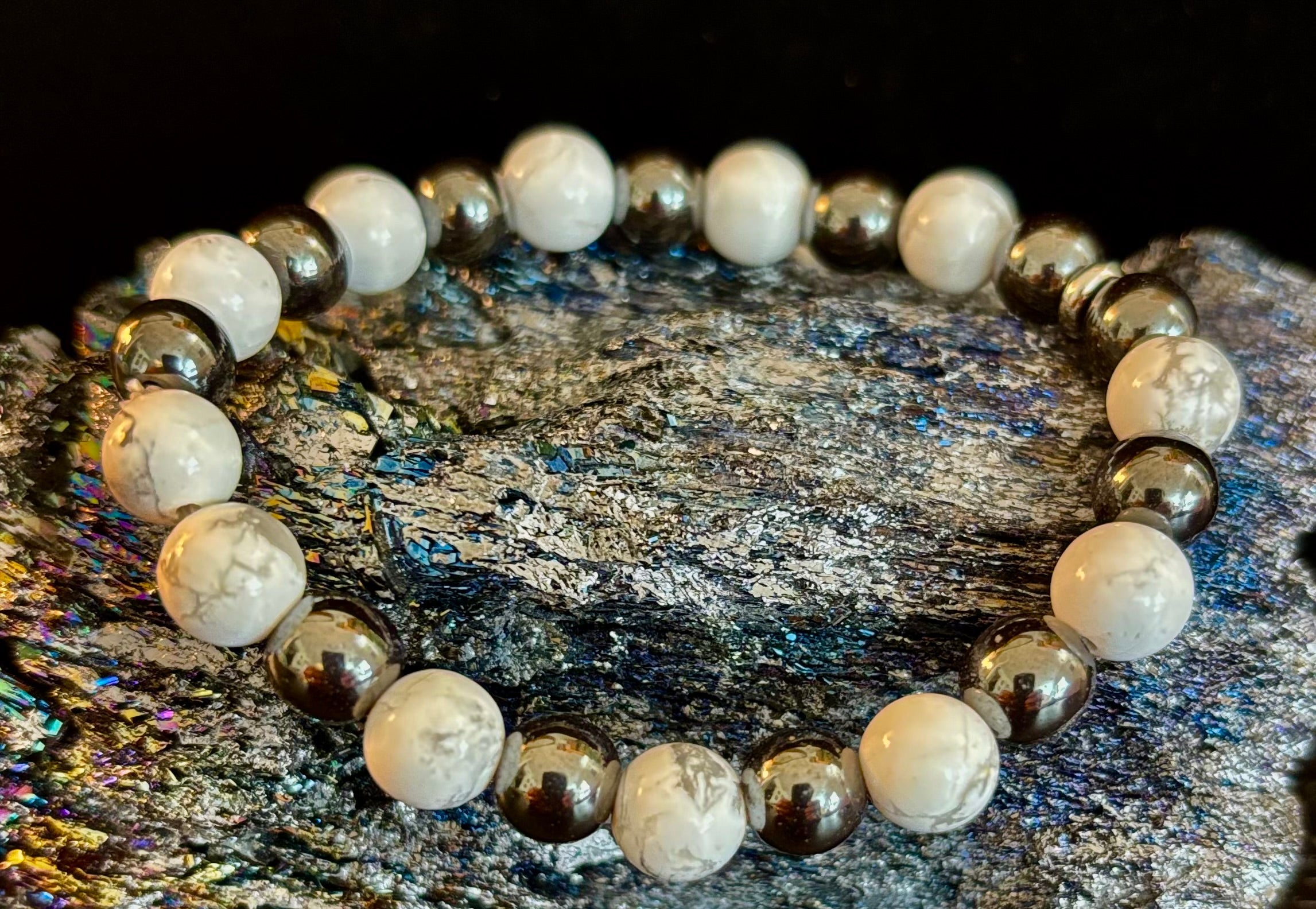 White Howlite & Hematite Reiki-Infused Calm & Grounding Bracelet (Medium Wrist) | | Wiccan Center