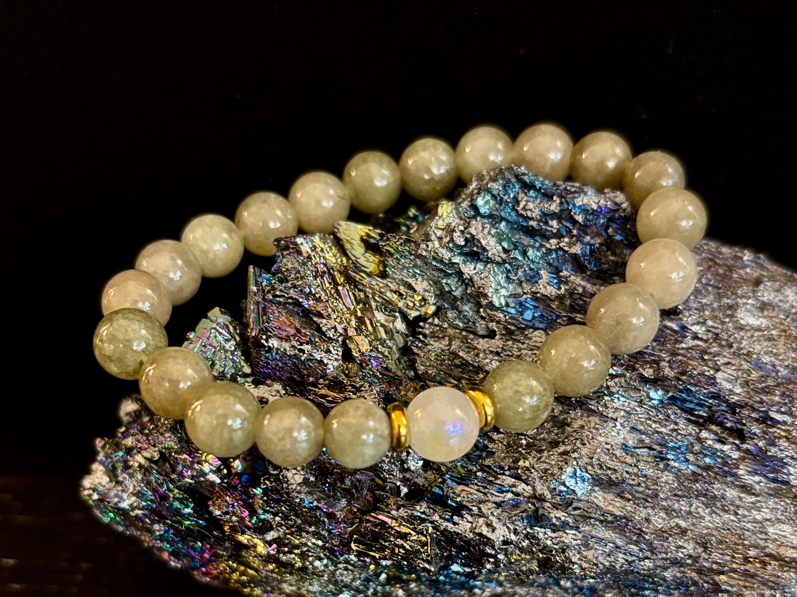 Green Aventurine and White Jade Bracelet – 8mm Natural Stone Beads | | Wiccan Center