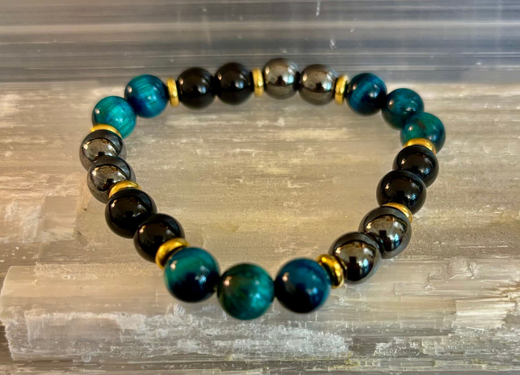 Blue Tiger Eye + Hematite + Onyx Bracelet – Anxiety Relief, Strength & Focus (8mm • Medium Wrist) | | Wiccan Center