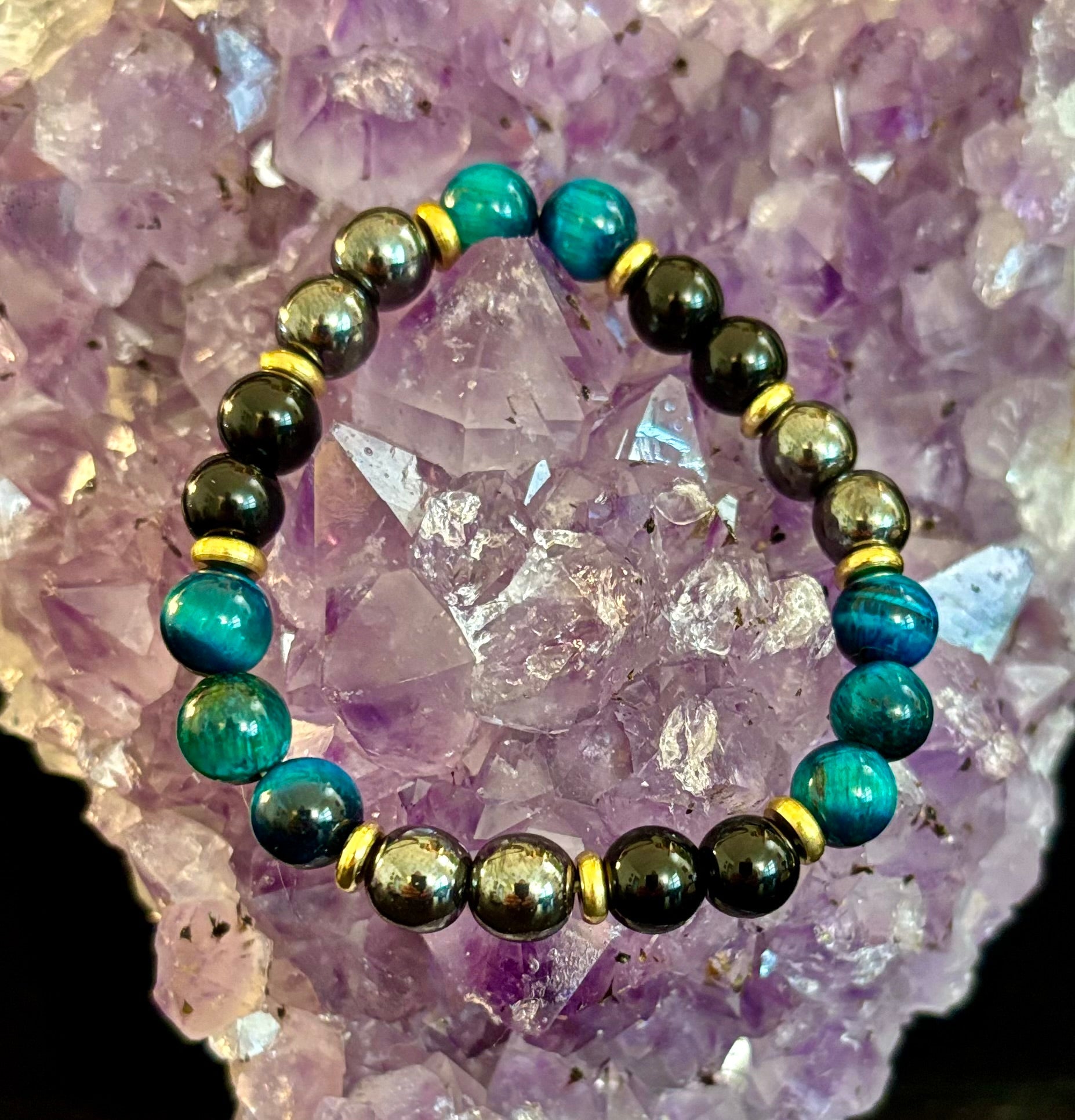 Blue Tiger Eye + Hematite + Onyx Bracelet – Anxiety Relief, Strength & Focus (8mm • Medium Wrist) | | Wiccan Center