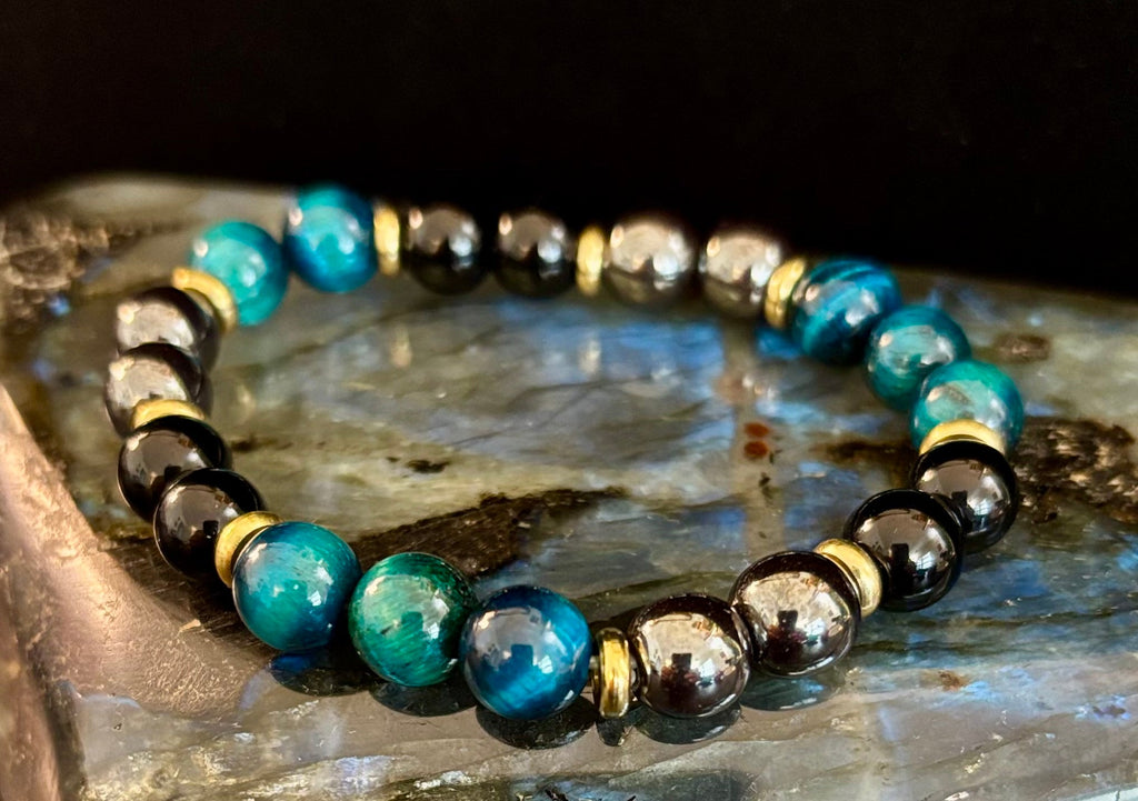Blue Tiger Eye + Hematite + Onyx Bracelet – Anxiety Relief, Strength & Focus (8mm • Medium Wrist) | | Wiccan Center