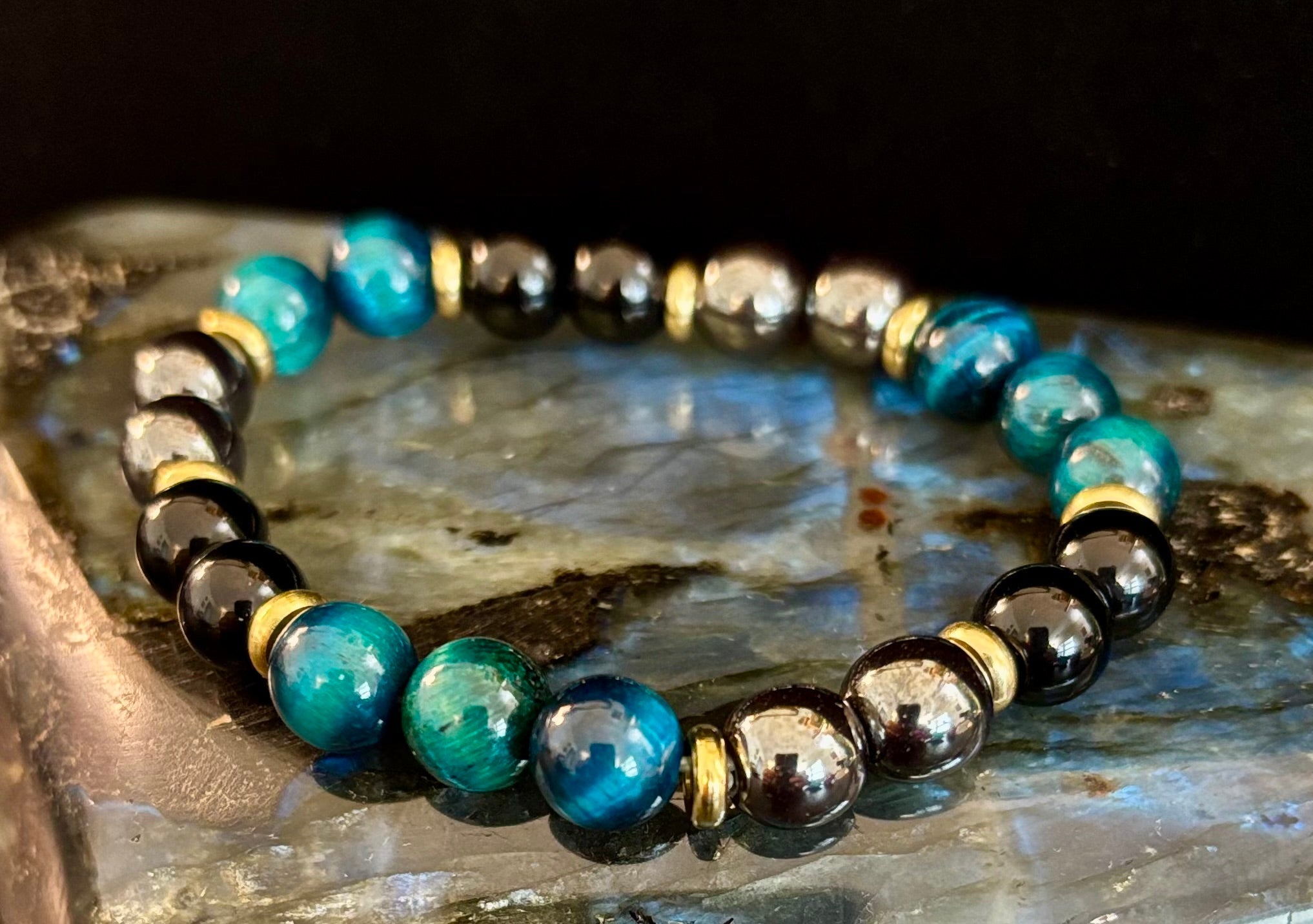 Blue Tiger Eye + Hematite + Onyx Bracelet – Anxiety Relief, Strength & Focus (8mm • Medium Wrist) | | Wiccan Center