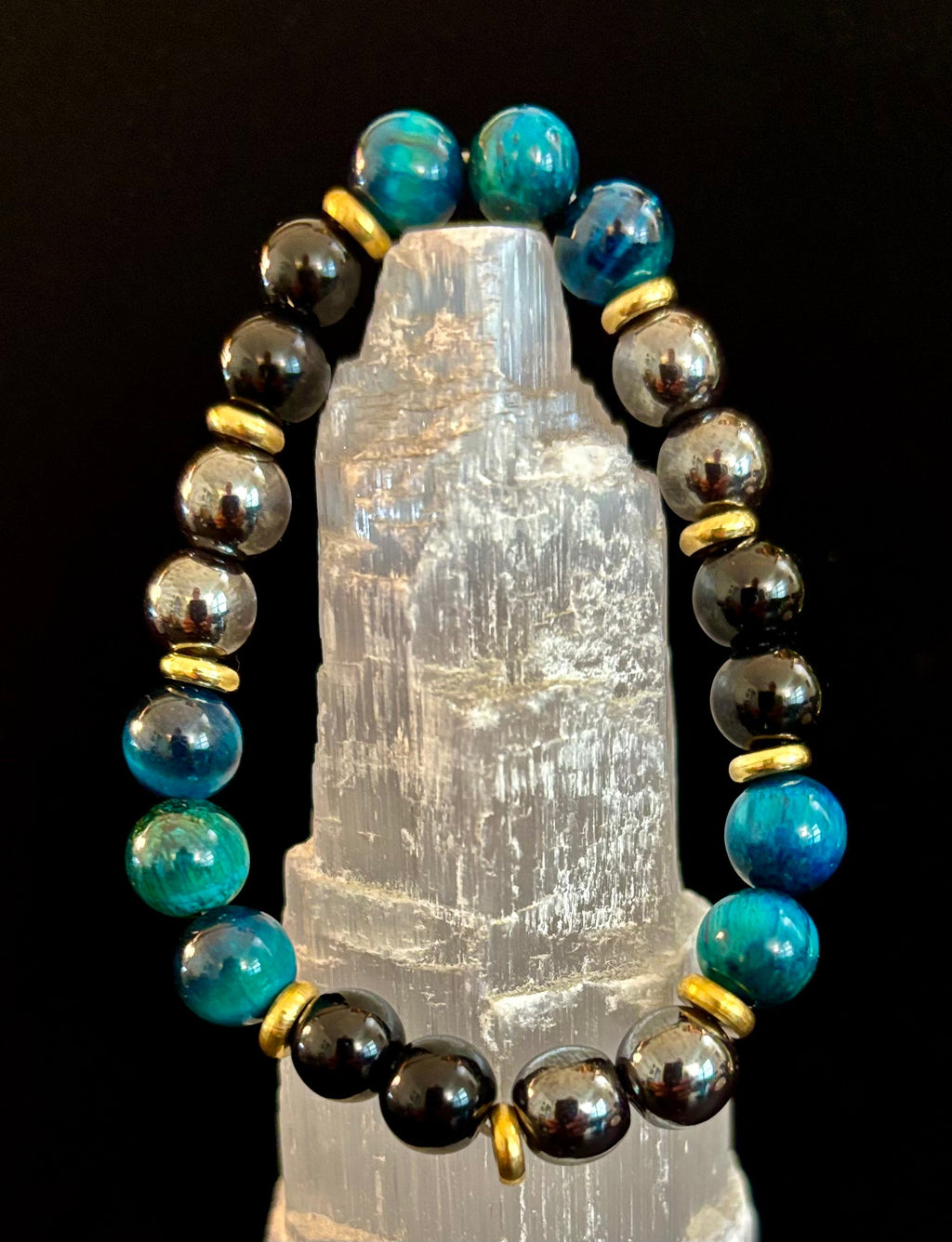 Blue Tiger Eye + Hematite + Onyx Bracelet – Anxiety Relief, Strength & Focus (8mm • Medium Wrist) | | Wiccan Center