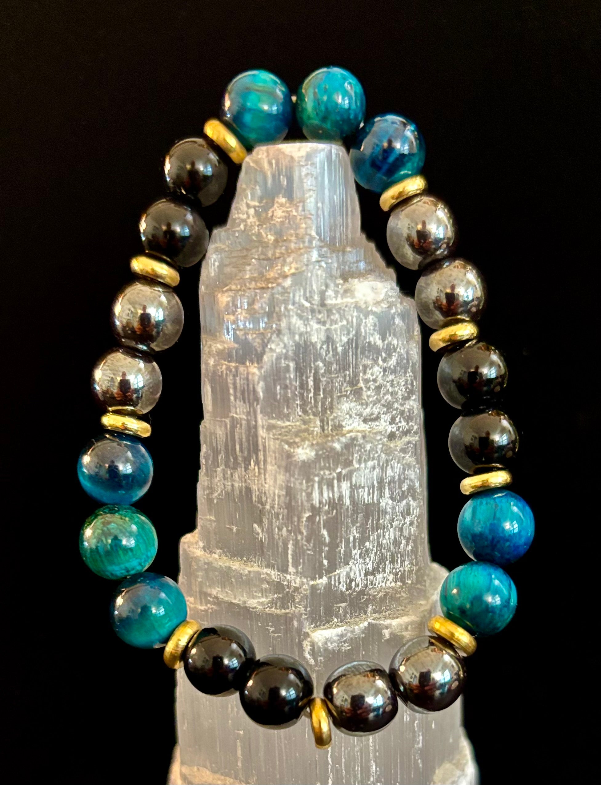 Blue Tiger Eye + Hematite + Onyx Bracelet – Anxiety Relief, Strength & Focus (8mm • Medium Wrist) | | Wiccan Center