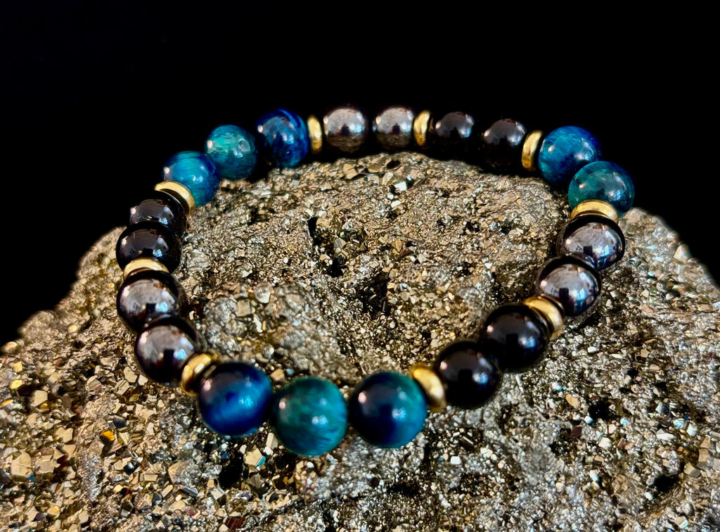 Blue Tiger Eye + Hematite + Onyx Bracelet – Anxiety Relief, Strength & Focus (8mm • Medium Wrist) | | Wiccan Center